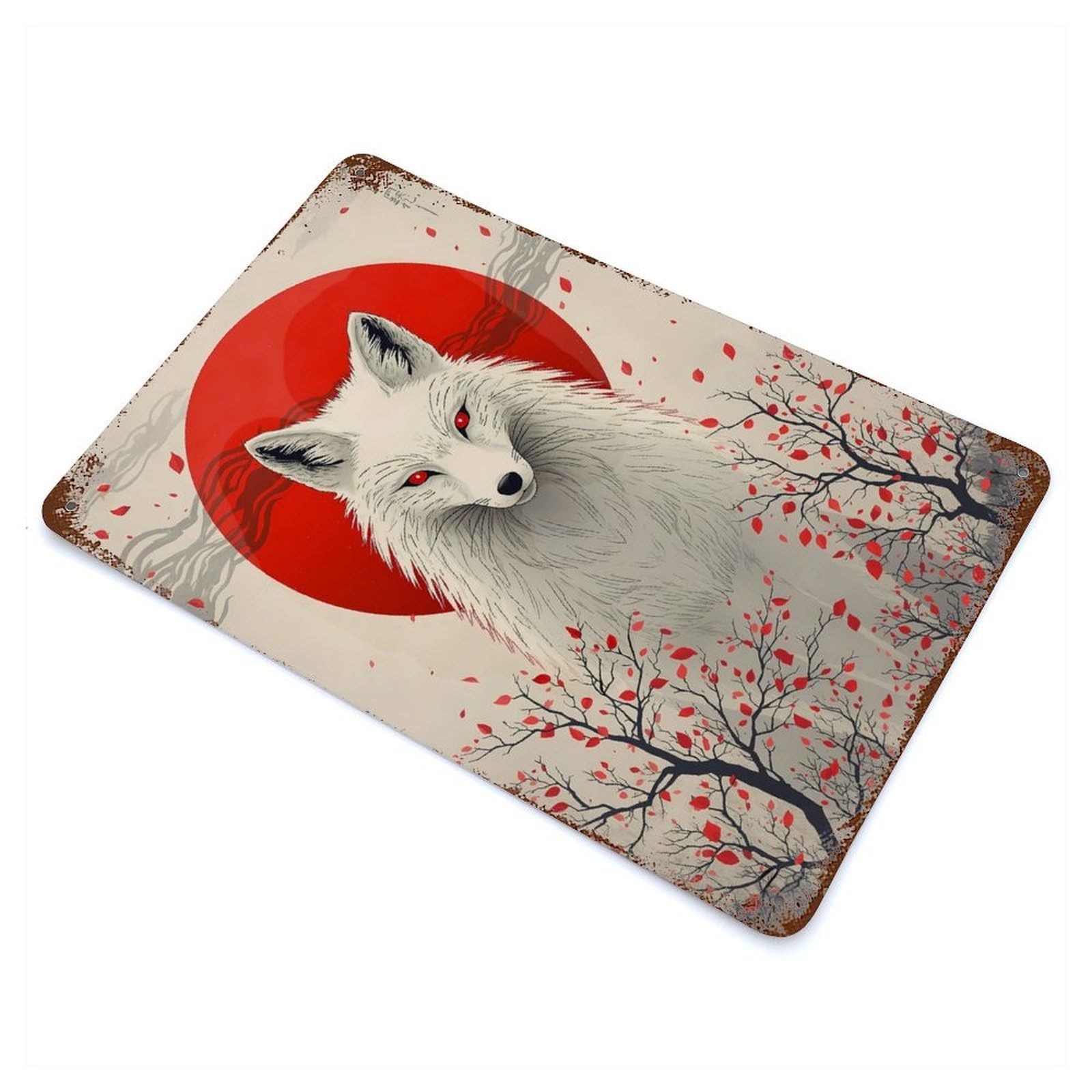 Fox with Red Sun Weathered Tin Sign 11.8"x7.9", for Garage, Bar And Workshop Decor, Vintage Wall Decor