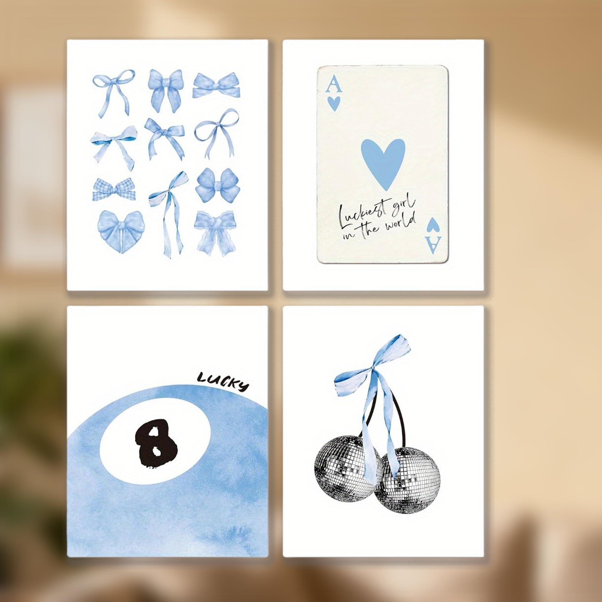 Dwuent Girls Blue Preppy Room Decor, Wall Art Modern Aesthetic Canvas Prints Set For Bedroom, Set Of 4 Unframed Posters, 10X15cm, Lucky Theme (15X10cm, Oil Painting Canvas)