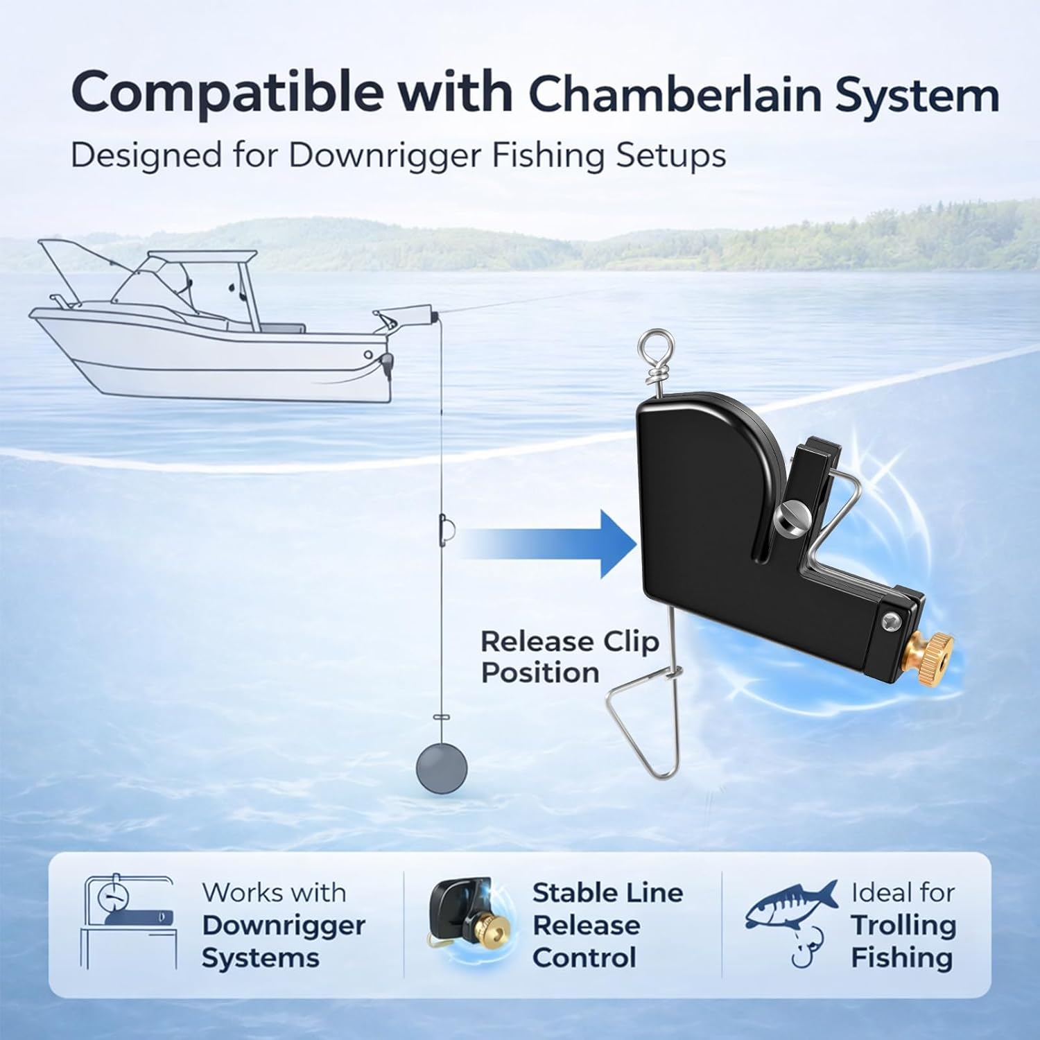 Adjustable Downrigger Release Clip for Trolling Fishing, Compatible with Chamberlain Downrigger System, Adjustable Tension Range 0–4.5 lbs, Precision Line Release Fishing Accessory