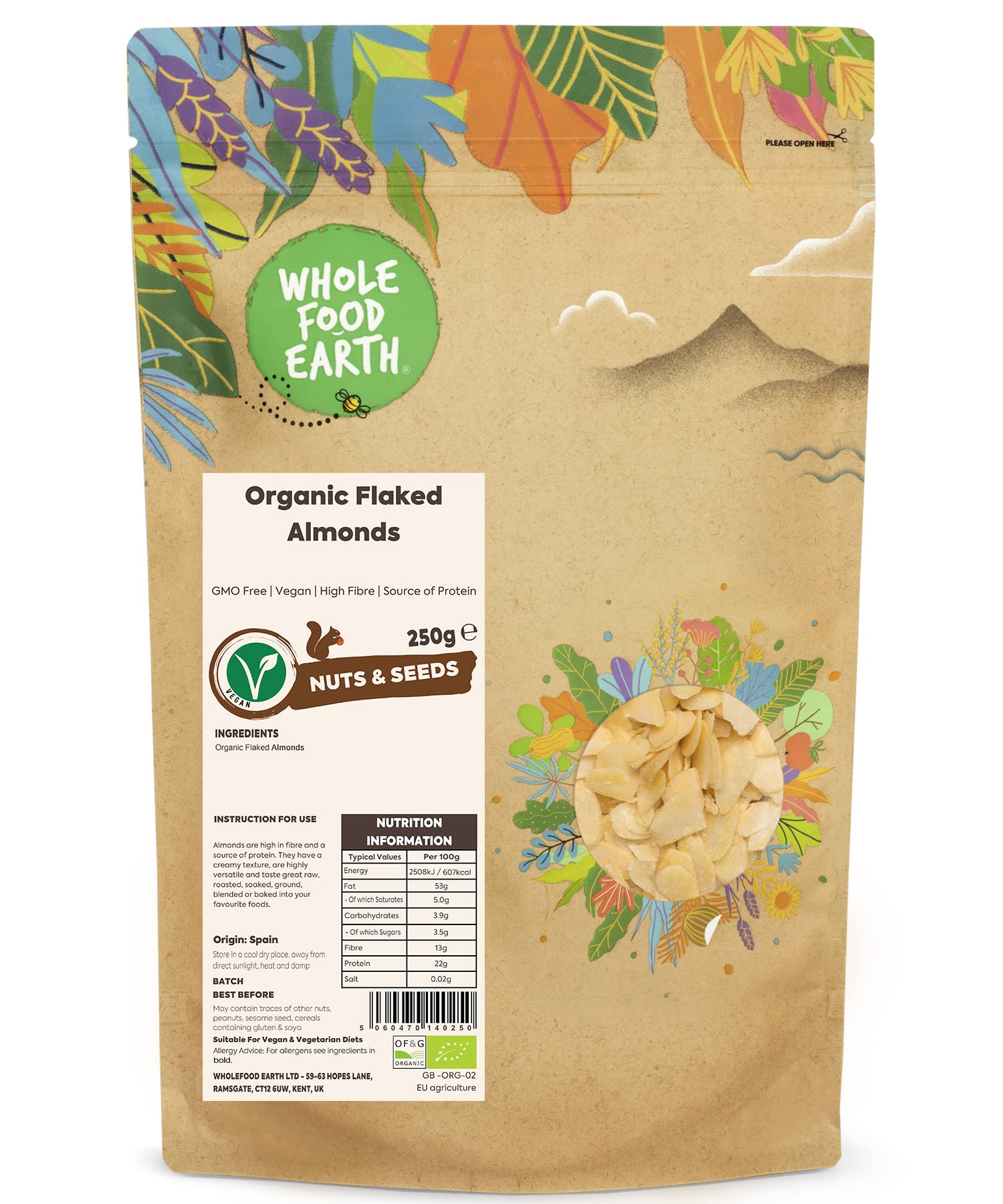 Wholefood Earth Organic Flaked Almonds – 250g | GMO Free | Vegan | High Fibre | Source of Protein | Certified Organic
