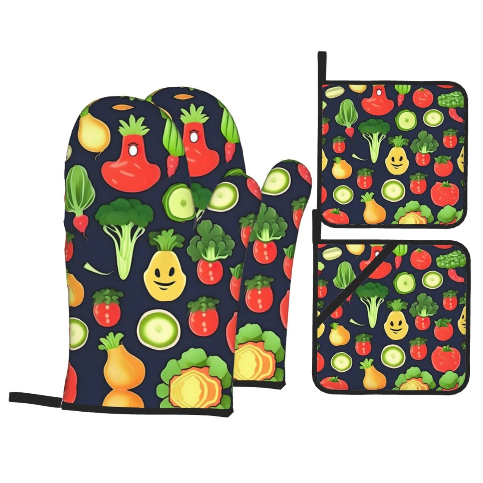 Cartoon Vegetable Fruit Print Stylish 4-Piece Microwaving Oven Waterproof Kitchen Gloves Baking Holiday Cooking