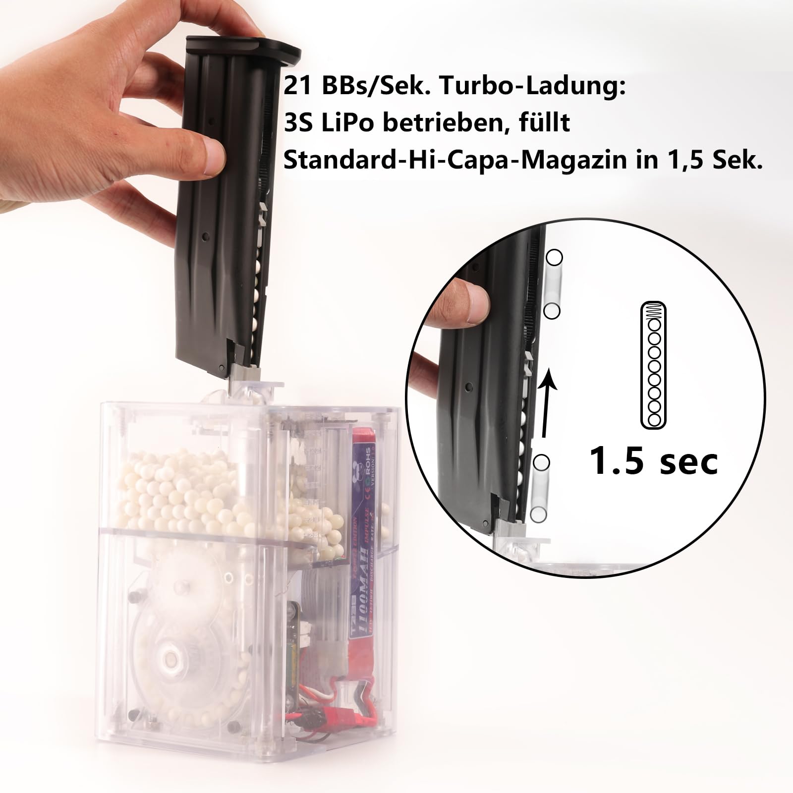 Elektrischer BB-Speedloader PRO Edition – Smarter automatischer Airsoft-Magazinlader, 21 BBS/s Hochgeschwindigkeit, OLED-Display, 1800 Schuss Kapazität, Blockierschutz inkl. 4 Adapter