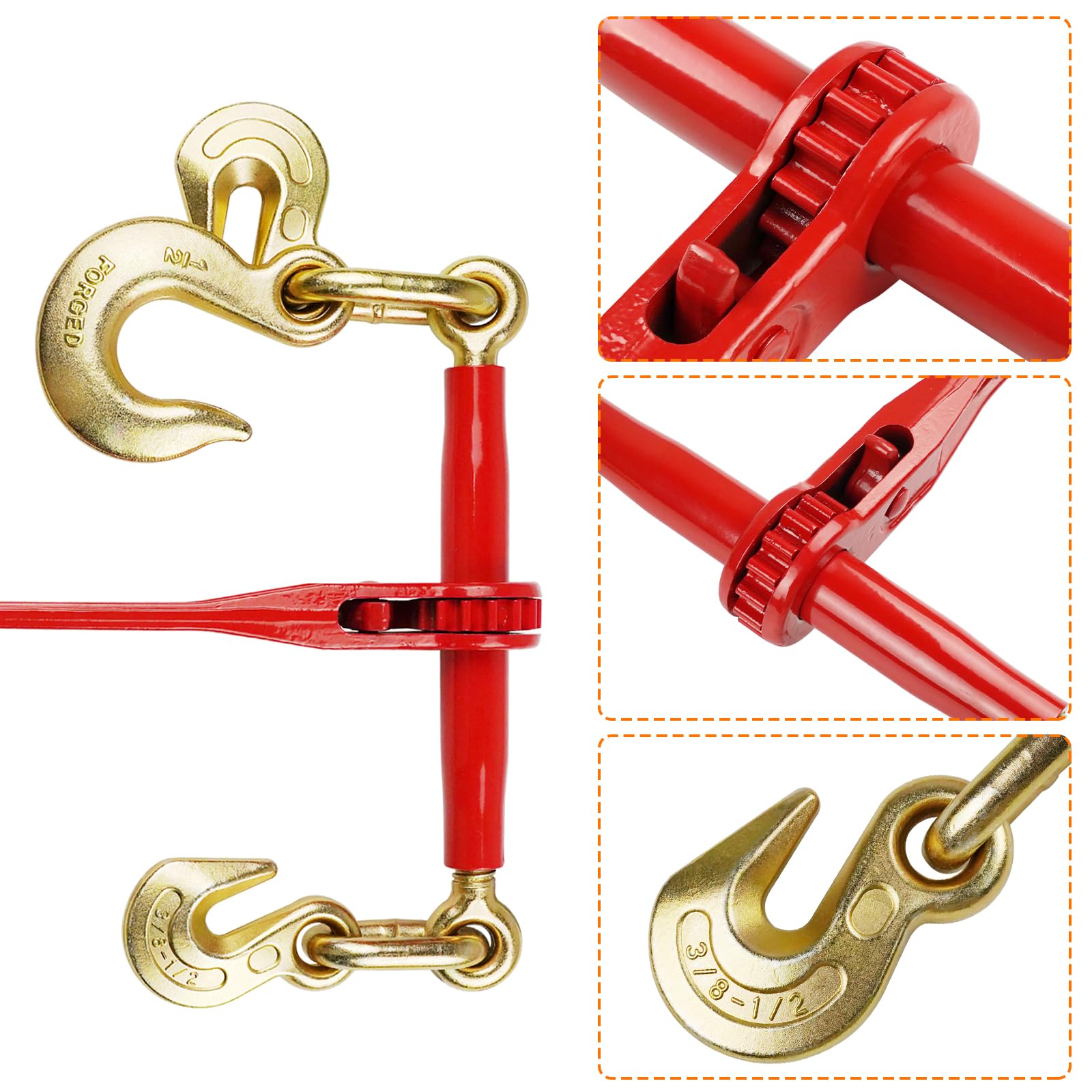 ENJ 2 Pack Ratschenlastbinder mit 2 Greifhaken, für 3/8-1/2 Transportkette der Klasse 70, Lastbinder mit 2,4 kg Arbeitslastgrenze