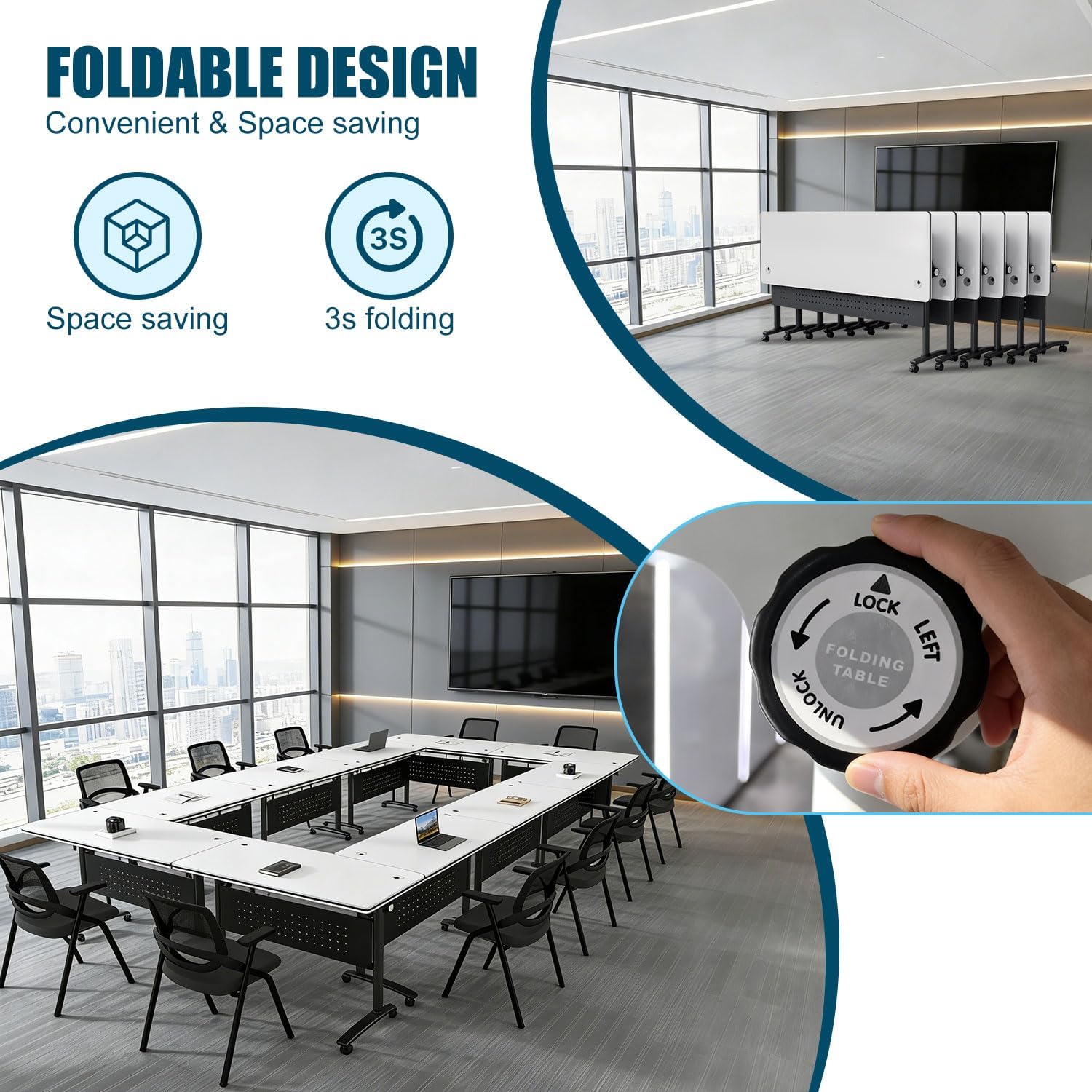 Folding Conference Room Tables, Conference Table with Power Grommet,Flip-Top Modular Training Table on Wheels,Seminar Conference Table for Home Office Class