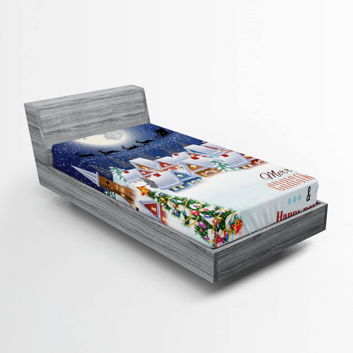 Ambesonne Christmas 2 Pack Fitted Sheet, Winter Sky Moon Star, Bed Cover All-Round Elastic Deep Pockets 2 Pieces, Package Contains 2 Twin Size Fitted Sheets, White