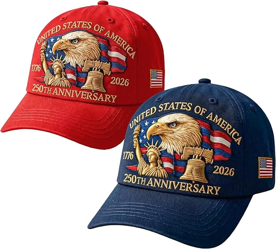 29 IYEBRAO 2-Pack 250th Anniversary USA Hat Eagle Embroidery Patriotic Baseball Cap1776-2026 Adjustable Hat for Men&Women(Navy Blue+Red)