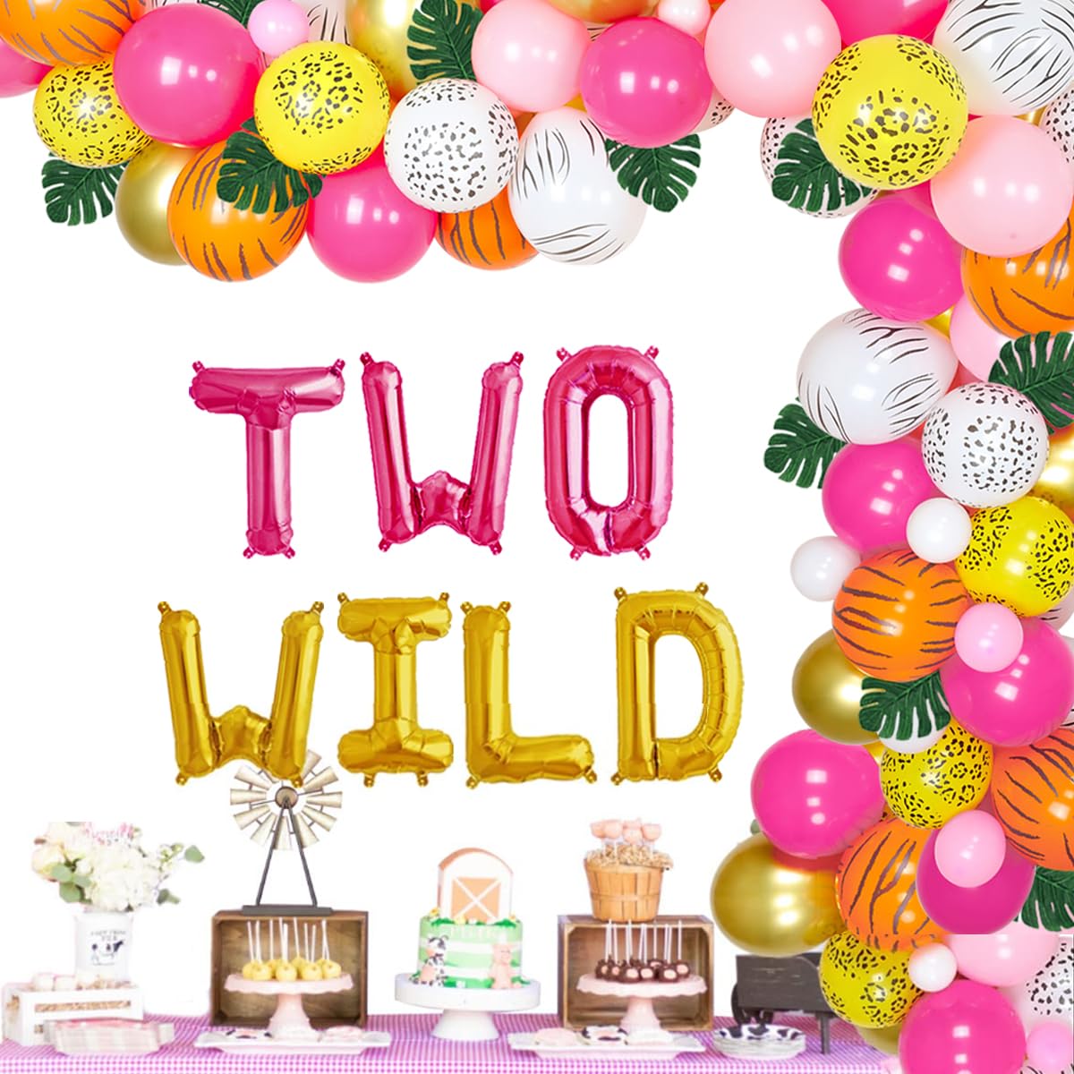 Jungle Theme 2nd Birthday Party Supplies for Girls - Two Wild Birthday Decorations 80 Packs Safari Balloon Garland Arch Kit Pink Rose Red with Green Artificial Palm Leaves