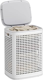 SONGMICS Laundry Hamper with Lid, Plastic Laundry Collector, 75L, Narrow Laundry Bin Space-saving Laundry Box, for Bathroom, Laundry Room, Bedroom, White-Grey RLH021WG01