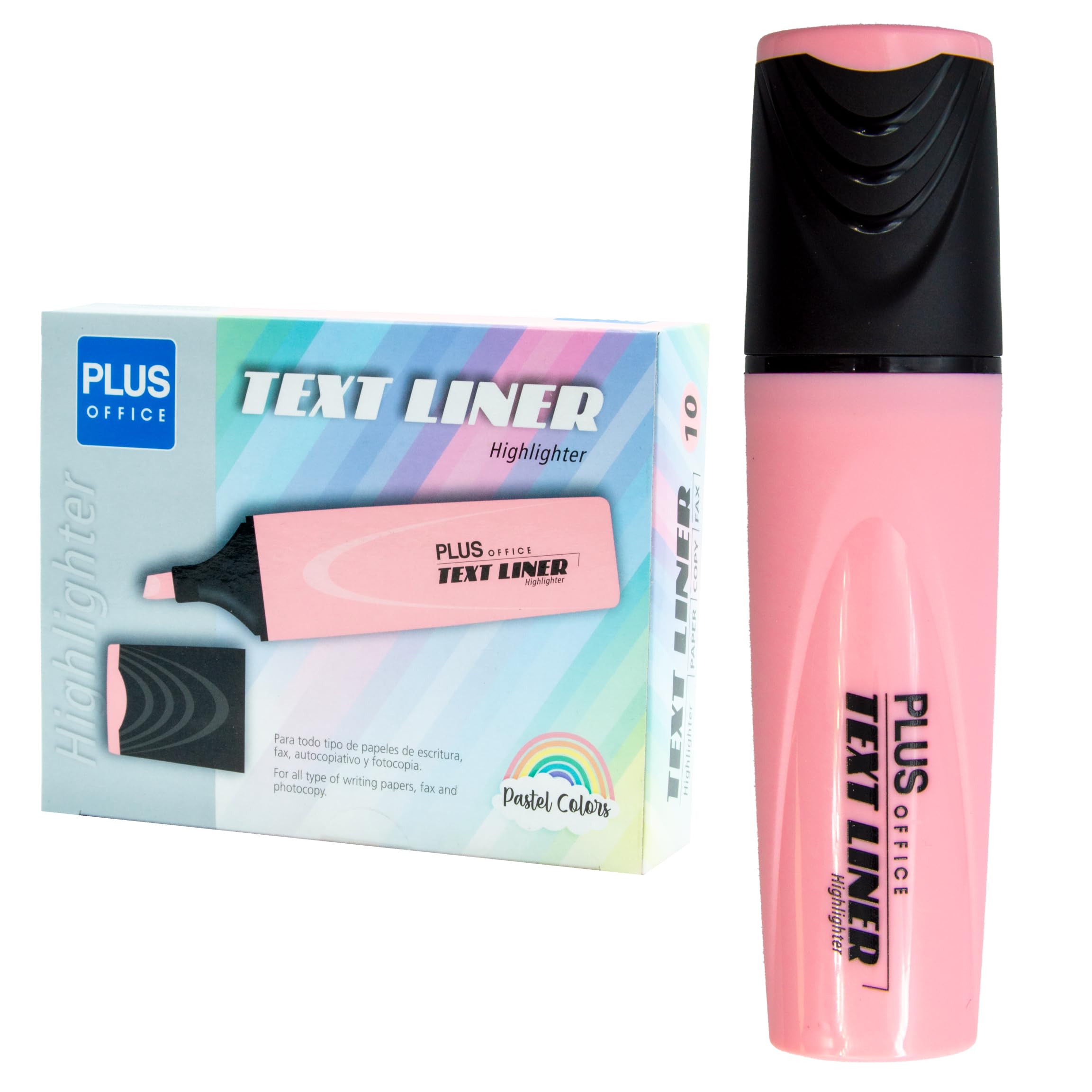 Plus Office Pastel Highlighters, Marker Pen with Beveled Tip, Pack of 10 Water-Based Phosphorescent Markers, Pastel Colour (Pink)