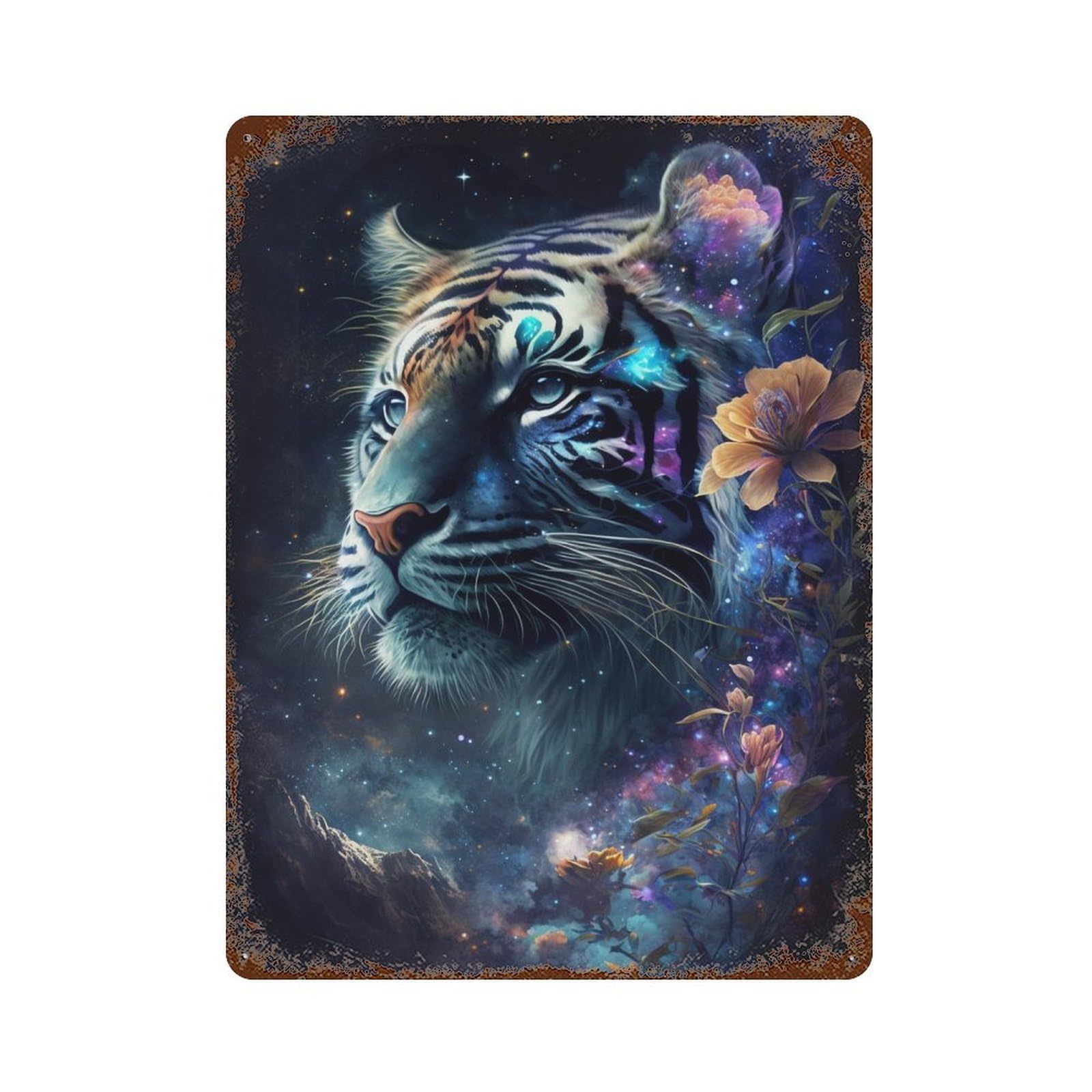 Garage Style Galactic Tiger Fantasy Art Rusty Metal Tin Sign 15.7"x11.8", Decorative Metal Wall Art for Bar And Workshop