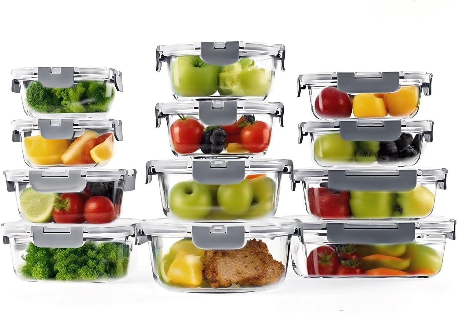 BYLWORKOUT 24 Piece Glass Storage Containers with Lids - Leak Proof, Dishwasher Safe Glass Food Storage Containers for Meal Prep or Leftovers (Grey)