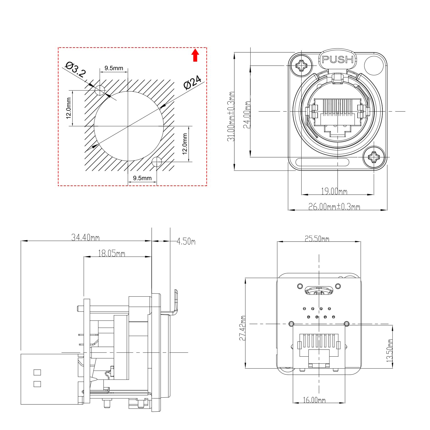 Neutrik-Style Shielded Cat6 Panel Mount RJ45 Connector, D-Series Feedthrough Coupler, 1pcs