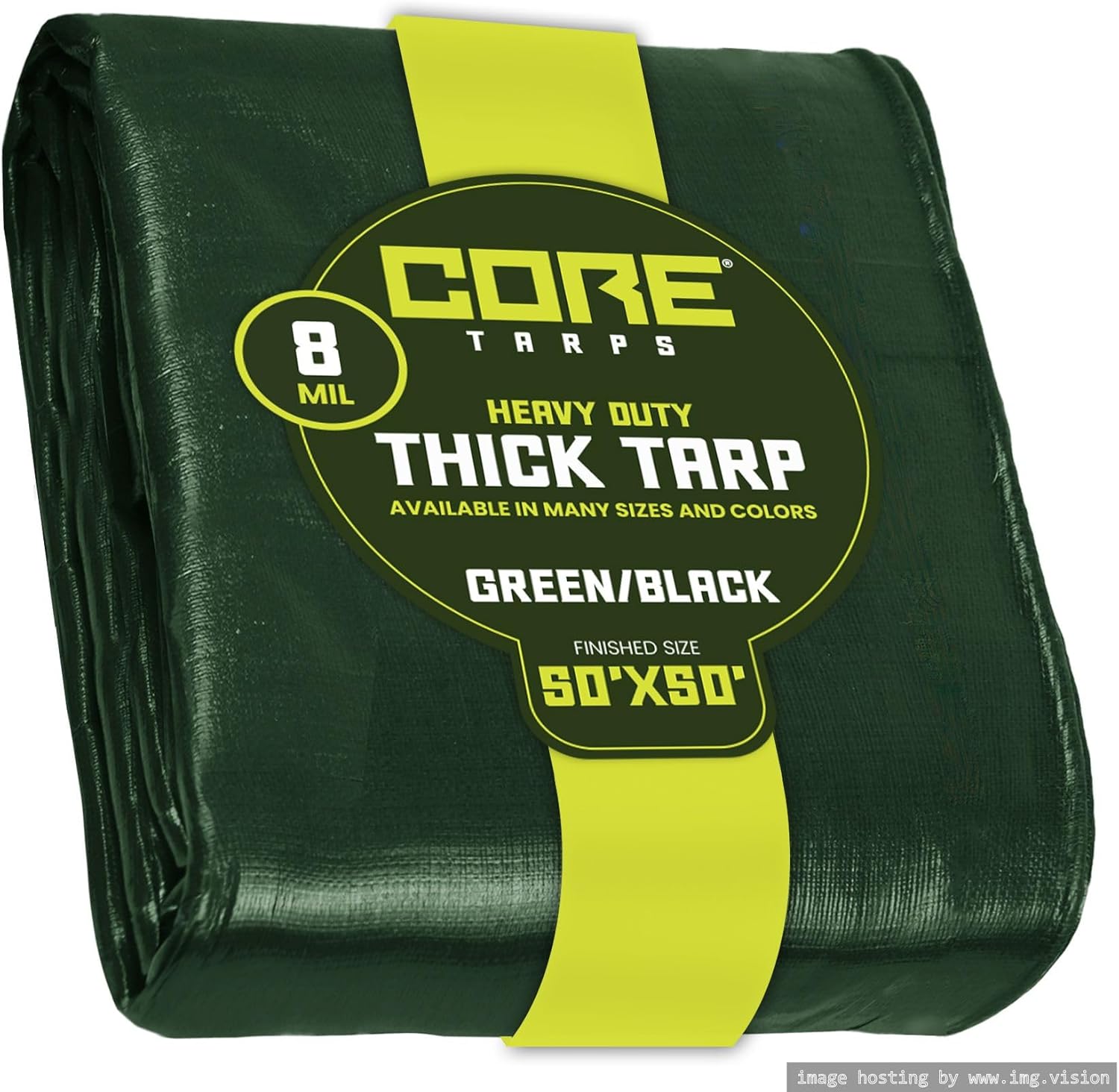 Core Tarps Heavy Duty 8 Mil Tarp Cover, Waterproof, UV Resistant, Rip and Tear Proof, Poly Tarpaulin with Reinforced Edges for Roof, Camping, Patio, Pool, Boat. (Green/Black 50 X 50)