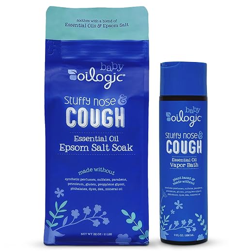 Oilogic Baby Stuffy Nose & Cough Power Bundle with Vapor Bath Relief & Epsom Salt Soak - Baby Bath Essentials - Made with Blended Essential Oils
