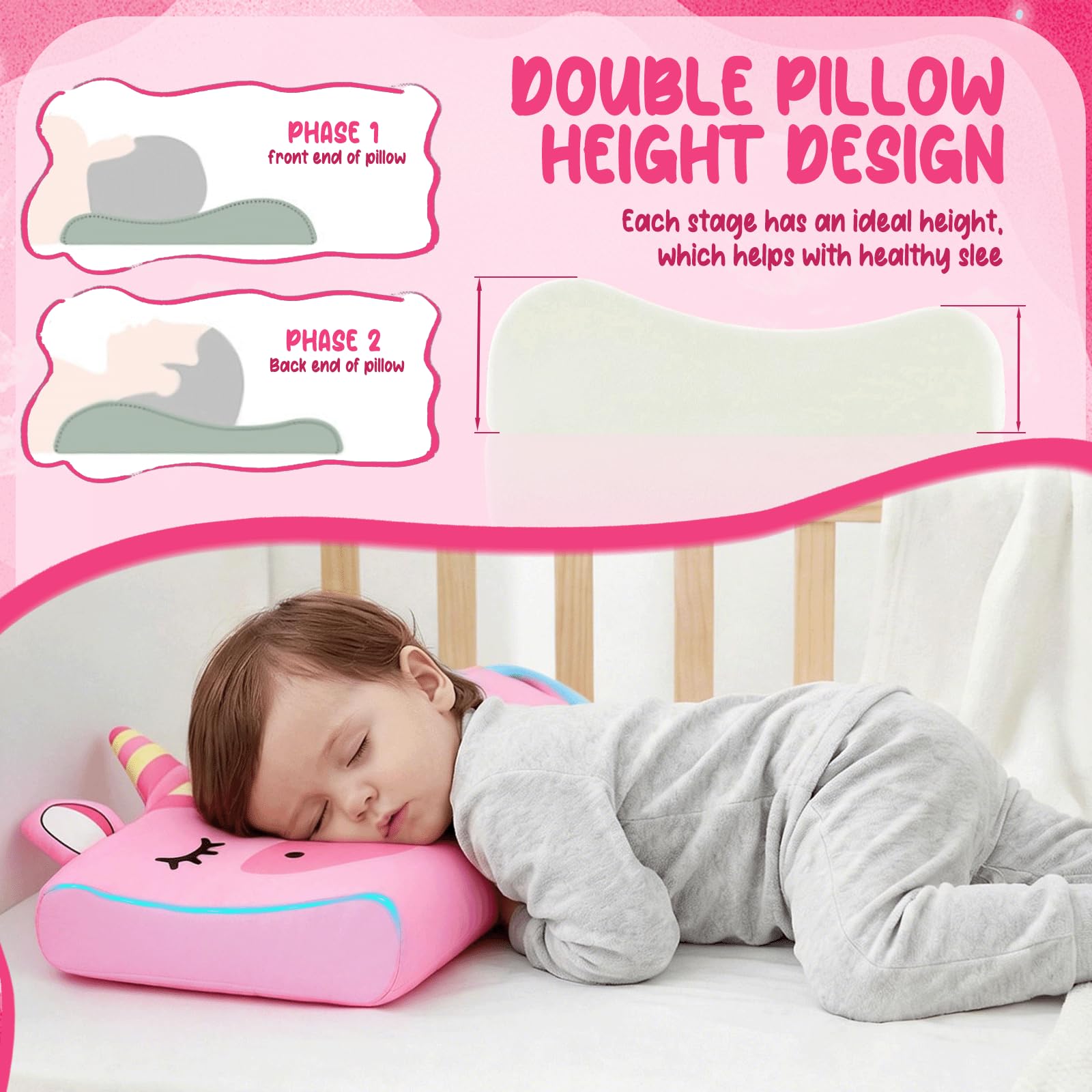 Oreiller Enfant 46x27cm, Confortable Coussin Bébé, Oreiller Ergonomique Enfant, Respirant Coussin Lecture Enfants, Oreiller Enfants 2 à 8 Ans, Détachable