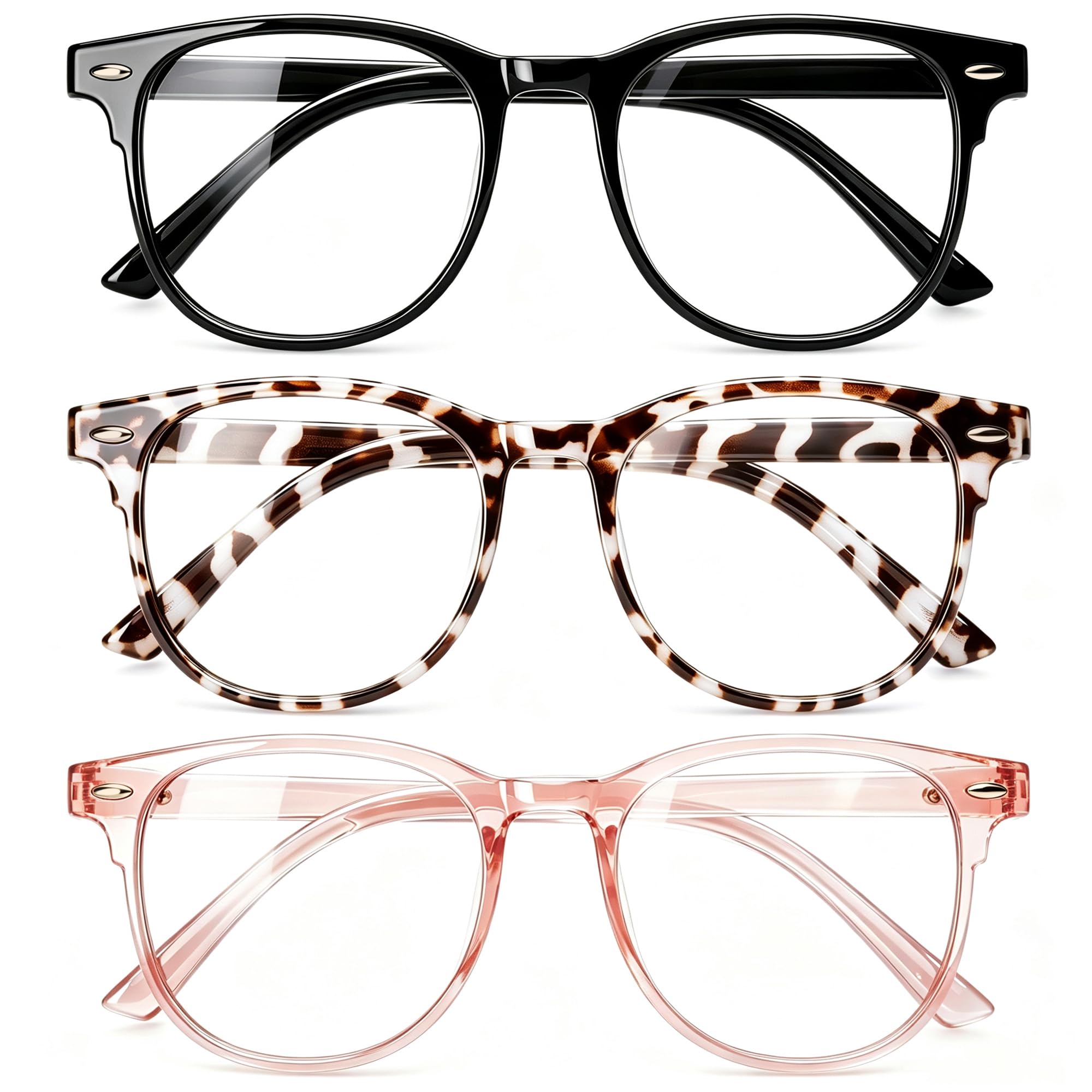 Gaoye Blue Light Glasses for Woman 3 Pack | Half Round, Screen-Ready Computer Glasses Style with UV Protection Coating Black + Leopard + Light Pink clear Round