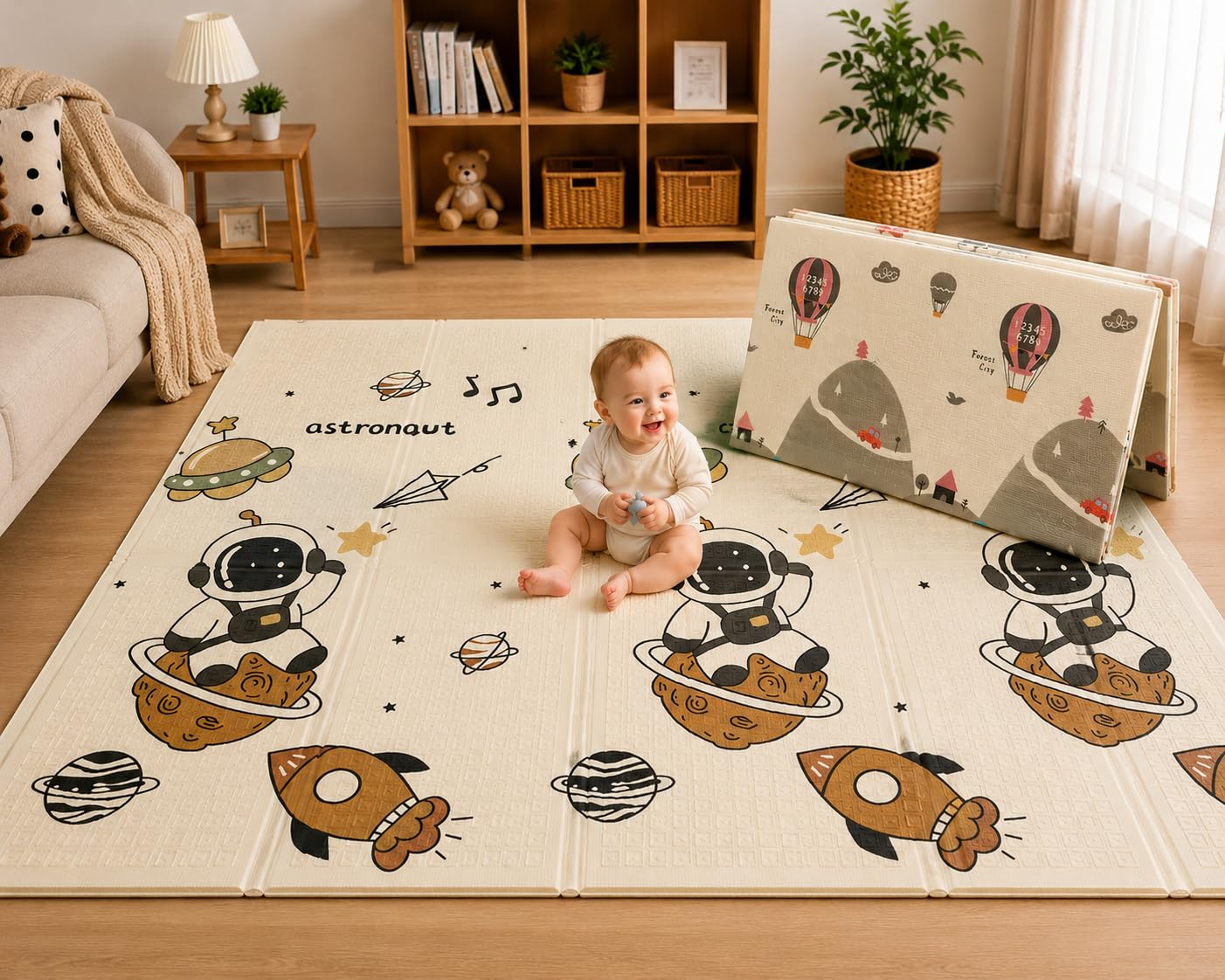 TARKAN Extra Thick Reversible Baby Play Mat For Hard Floor, BIS Safety Certified, BPA Free Foldable Foam Crawling Mat (6.5x4.5 ft, 8mm Thickness) Astronaut - Parachute-picture-31
