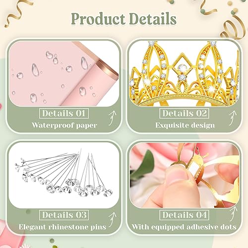 Miniatura 6 de FairySandy 12 hojas de papel de regalo para ramo de flores, impermeable, con 200 alfileres de flores, 4 coronas para tartas, 48 mariposas doradas