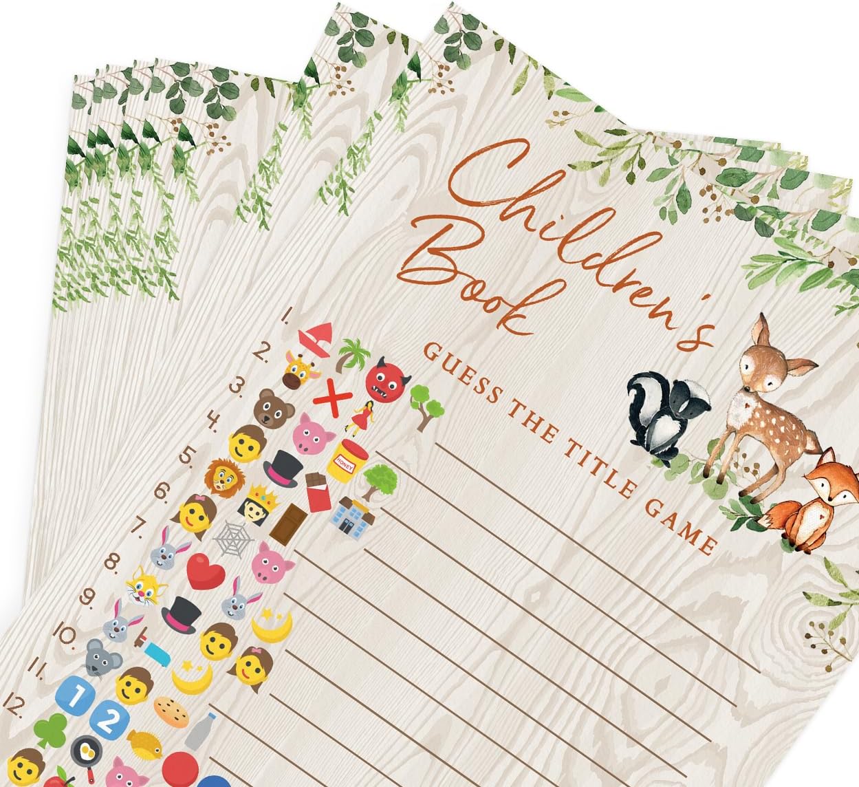 Printed Party Baby Shower Games – Children's Book Title Guessing Game for Boy or Girl, Woodland Forest Animals Theme, 50 Cards