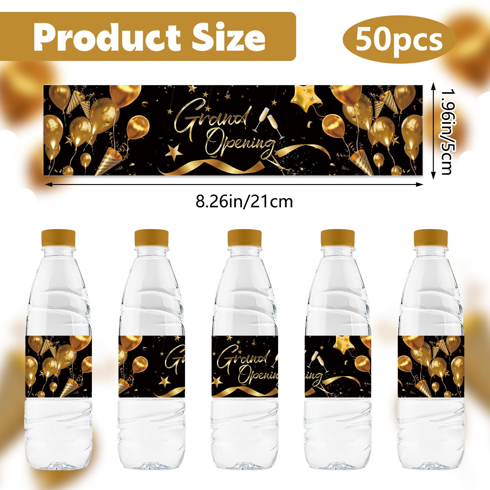 URROMA 50Pcs Grand Opening Water Bottle Labels Waterproof Drinks Wrappers Black Gold Water Bottle Stickers for Opening Ceremony Favors Decor Supplies