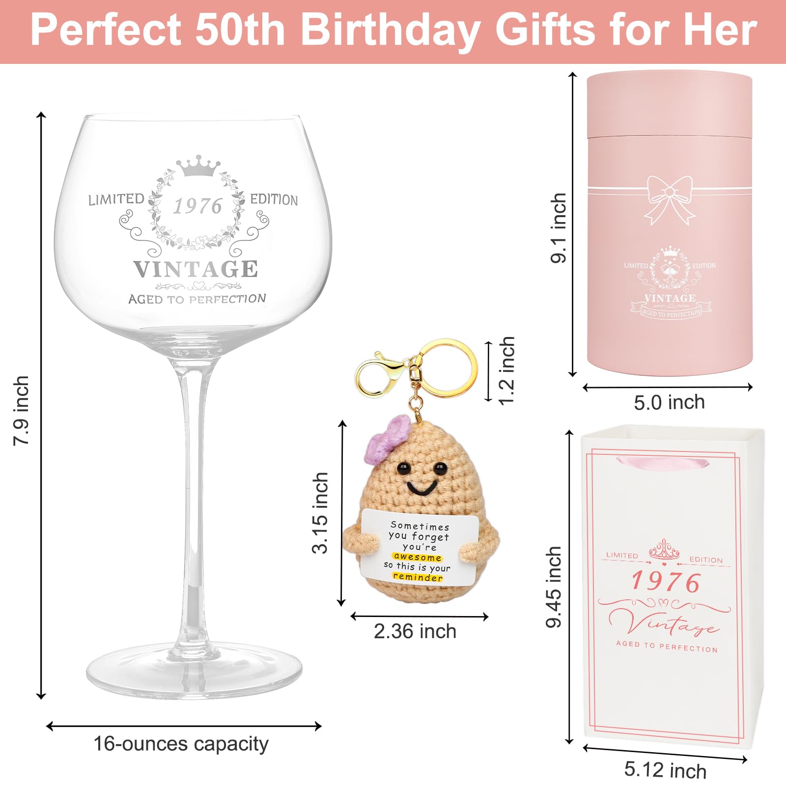 50. Geburtstag Geschenke für Frauen, Vintage 1976 Platin Druck Weinglas, 50. Geburtstag Dekorationen für Frauen, Glückliche 50 Jahre alte Geschenkideen für sie, Frau, Freunde
