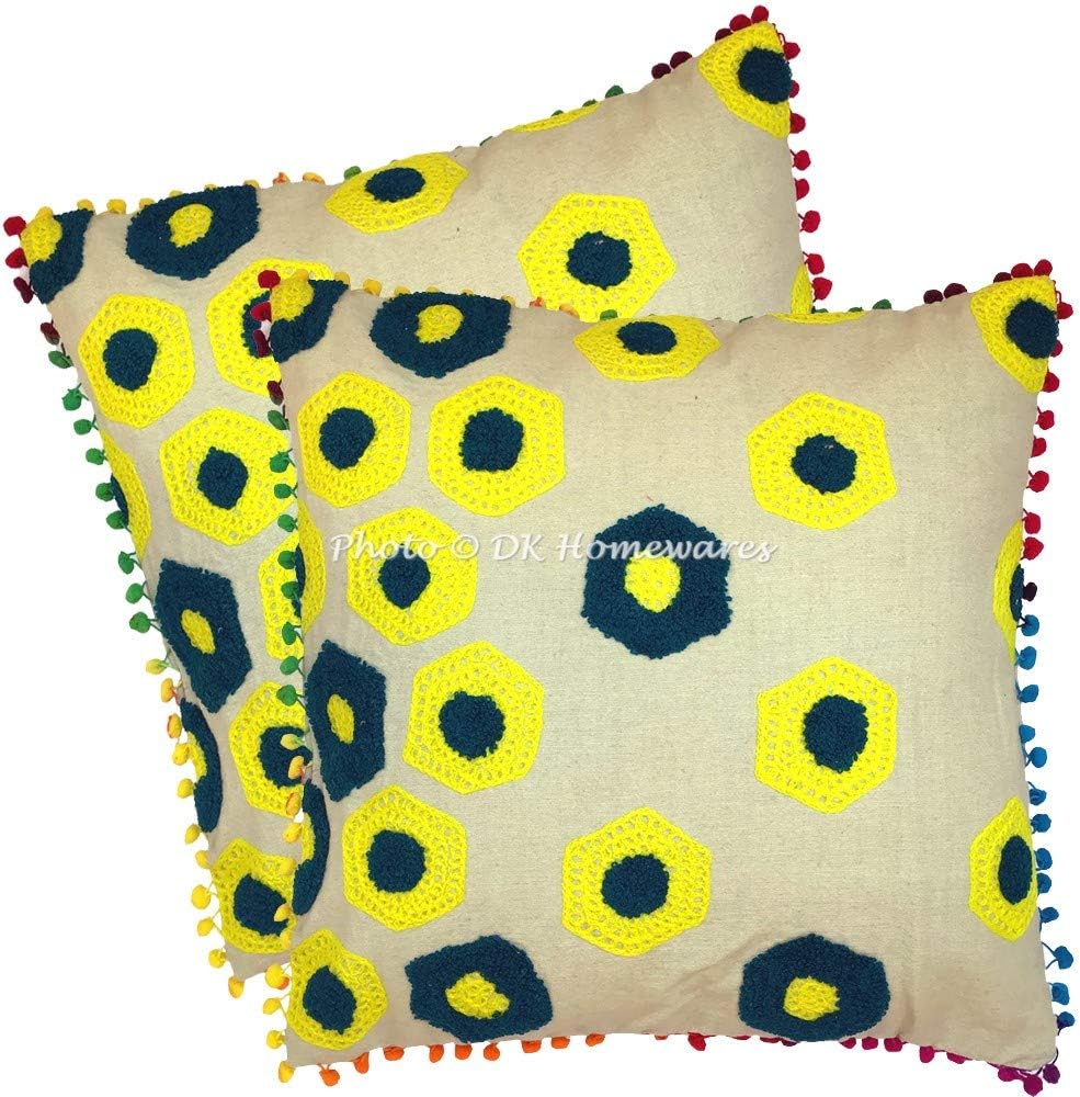 Bohemian Decorative Sofa Throw Pillowcases 16x16 Inch Cotton Terry Weave Embroidered Indian Square Couch Cushion Covers (Size - 40x40 cm ; Color: Green & Yellow) - Set of 2 Pcs