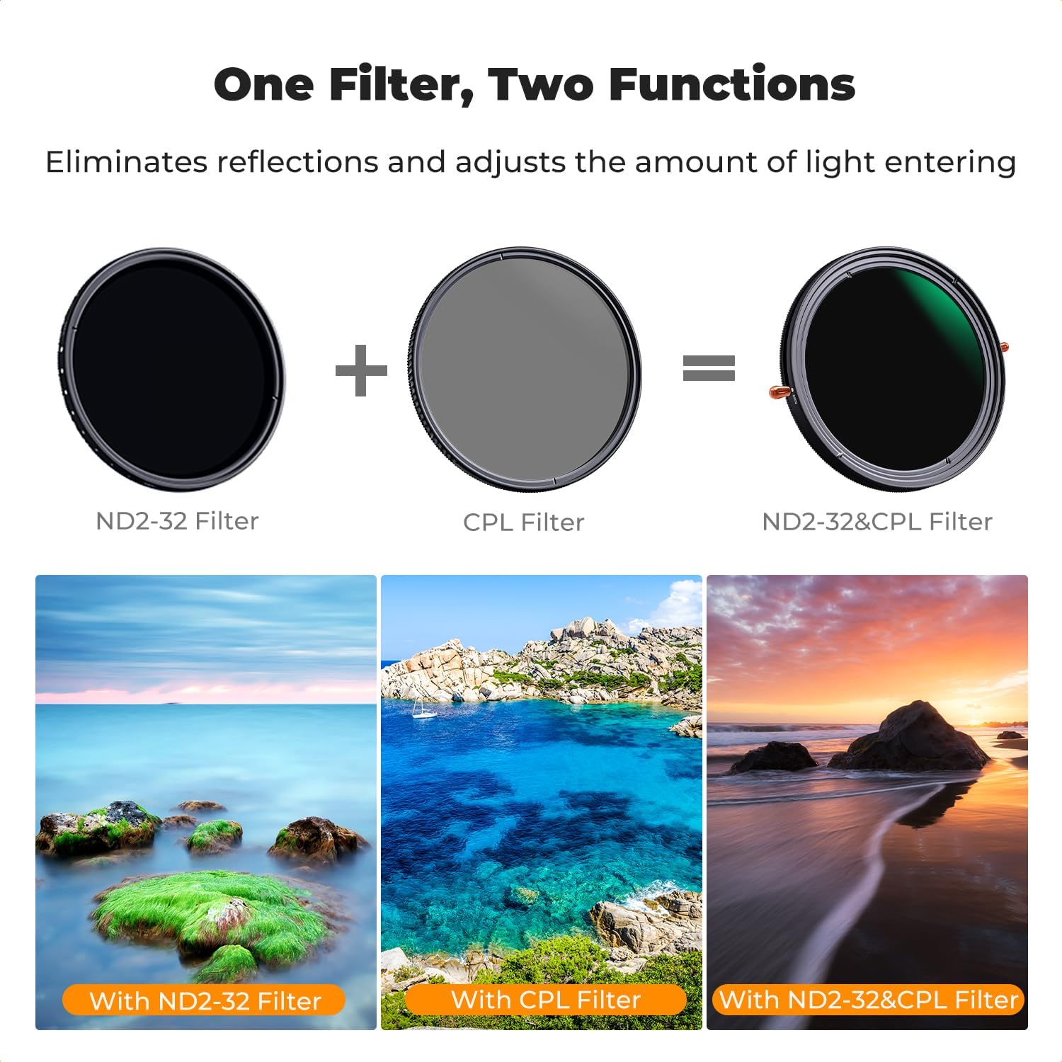 K&F Concept 82mm Variable Fader ND2-ND32 ND Filter and CPL Circular Polarizing Filter 2 in 1 for Camera Lens No X Spot Waterproof Scratch Resistant (Nano-X Series)