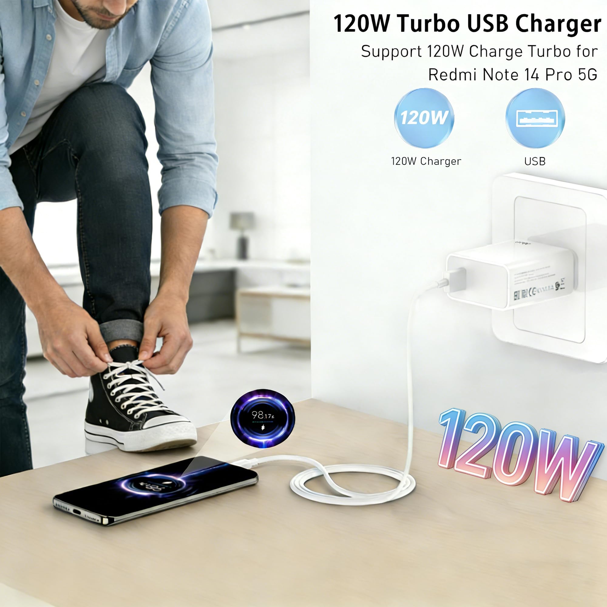 Caricatore USB da 120 W, con cavo di ricarica di tipo C, 6 A, per Xiaomi 17/15 Ultra, 14T 14T Pro, 13T Lite, 12 12T, Redmi Note 14Pro 14Pro+ 5G, 13 13Pro+, 12Pro, A5, A3, 14C, Poco F7 Ultra Pro - 4