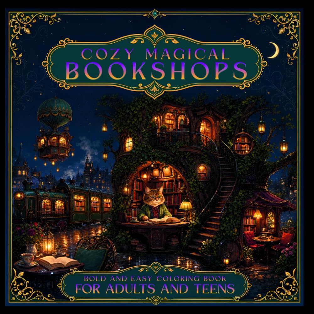 Cozy Magical Bookshops: Bold and Easy Coloring Book for Adults and Teens, 150 Pages of Cozy Bookshops, Magical Reading Nooks & Relaxing Bold-and-Easy Designs