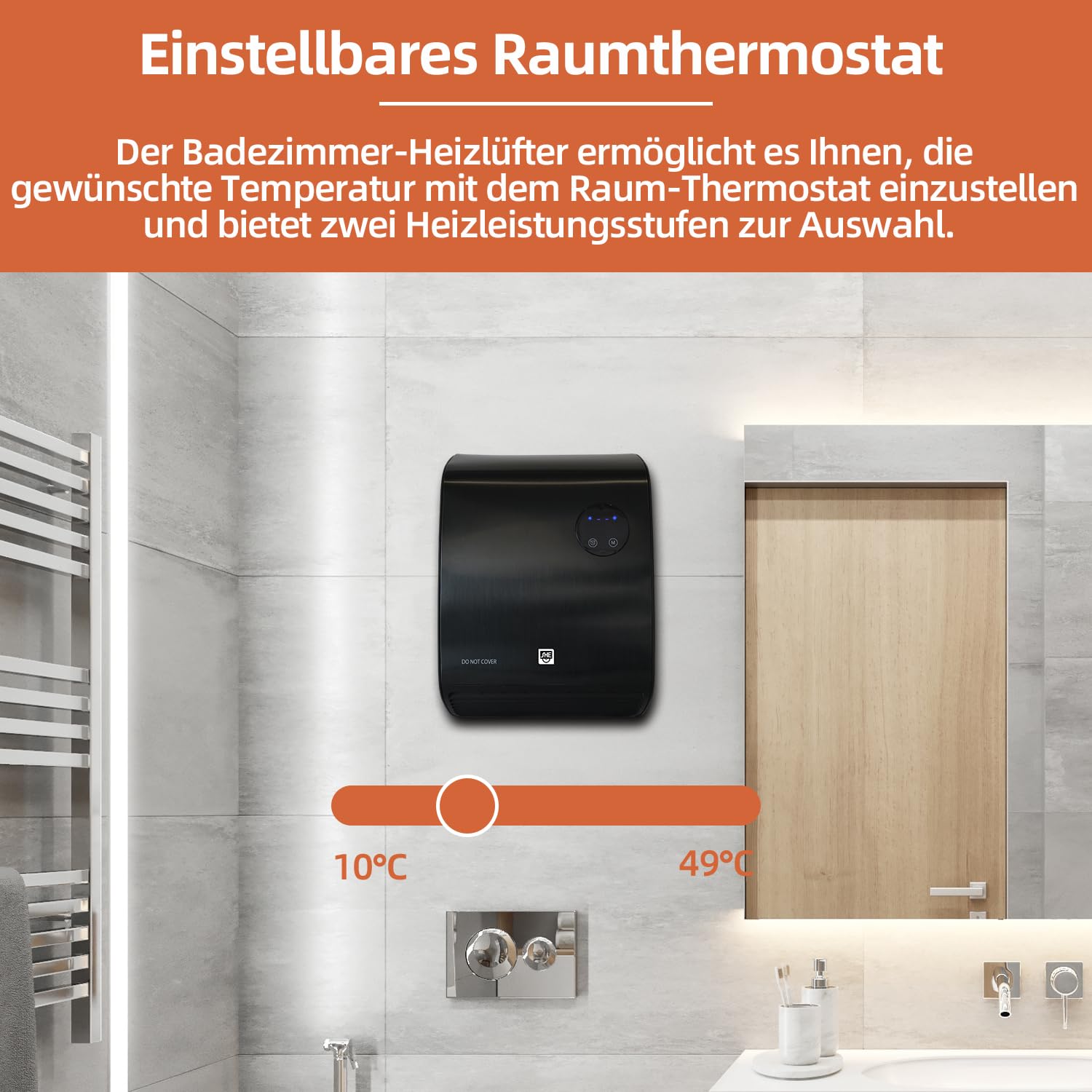 SHX Termoventilatore da bagno, 2000 W, termostato con telecomando, resistente all'acqua, sicuro in bagno, nero
