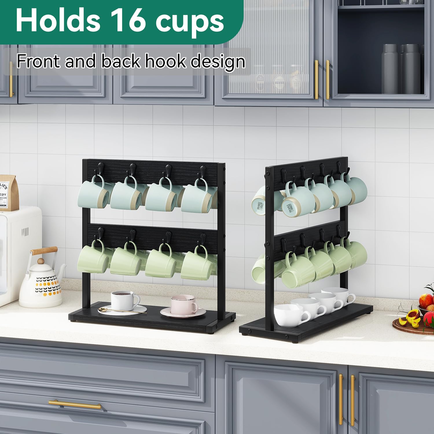 IBUYKE Porta tazzine da caffè con 16 Ganci e Ripiano Portaoggetti, Espositore per Tazze da caffè, per Cucina, Sala da Pranzo, Sala da tè, Nero TBJ001B