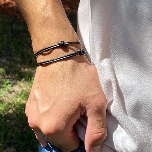 Miniatura 4 de 2 mm Men Genuine Leather Bracelet - Handmade Adjustable Cuff, Mens Minimalism Leather Wrap Wristband, Simple Accessories, Premium Leather, Women