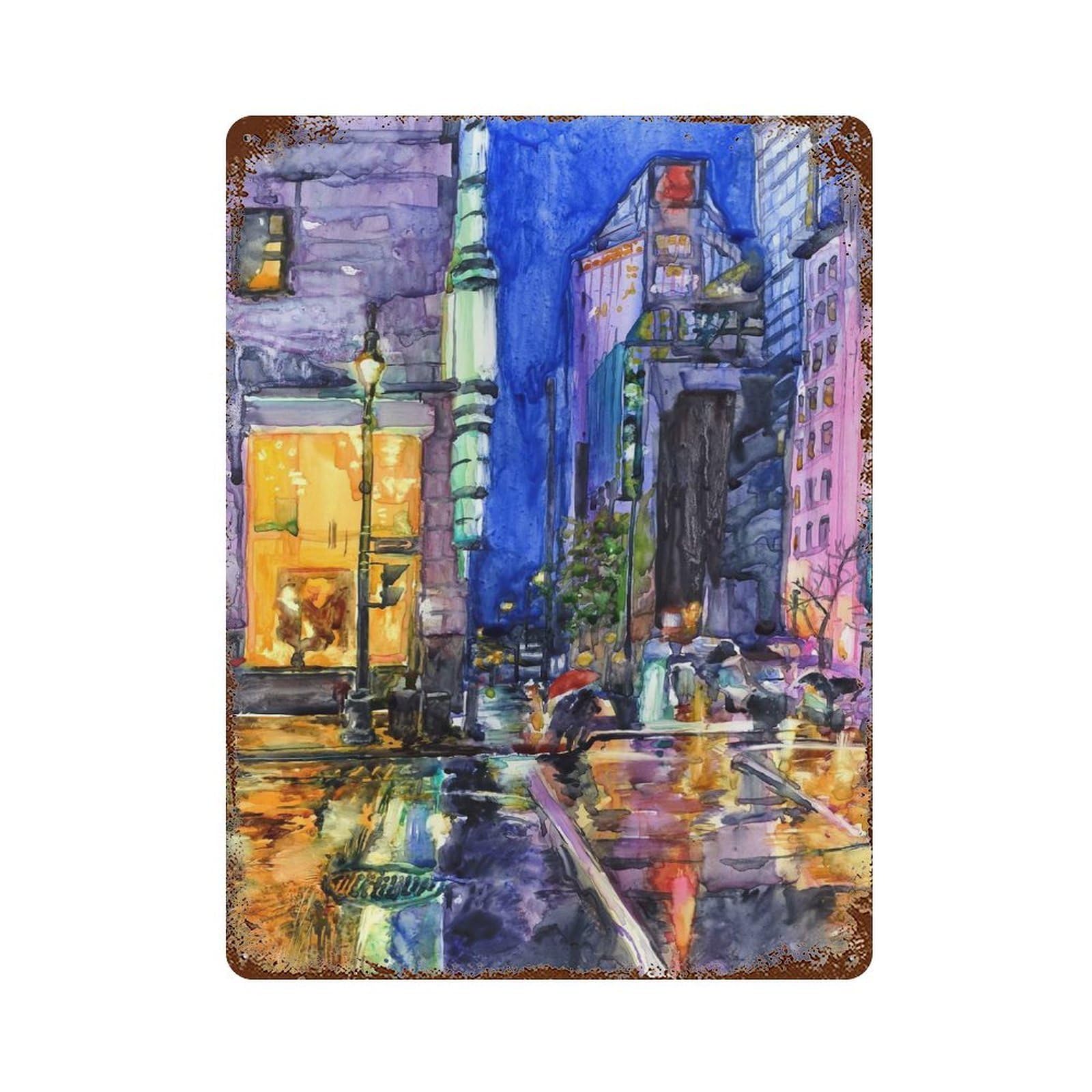 Vintage Metal Tin Sign with Downtown Montreal in Rain Design 15.7"x11.8", for Garage, Bar And Workshop Decor, Novelty Wall Decor