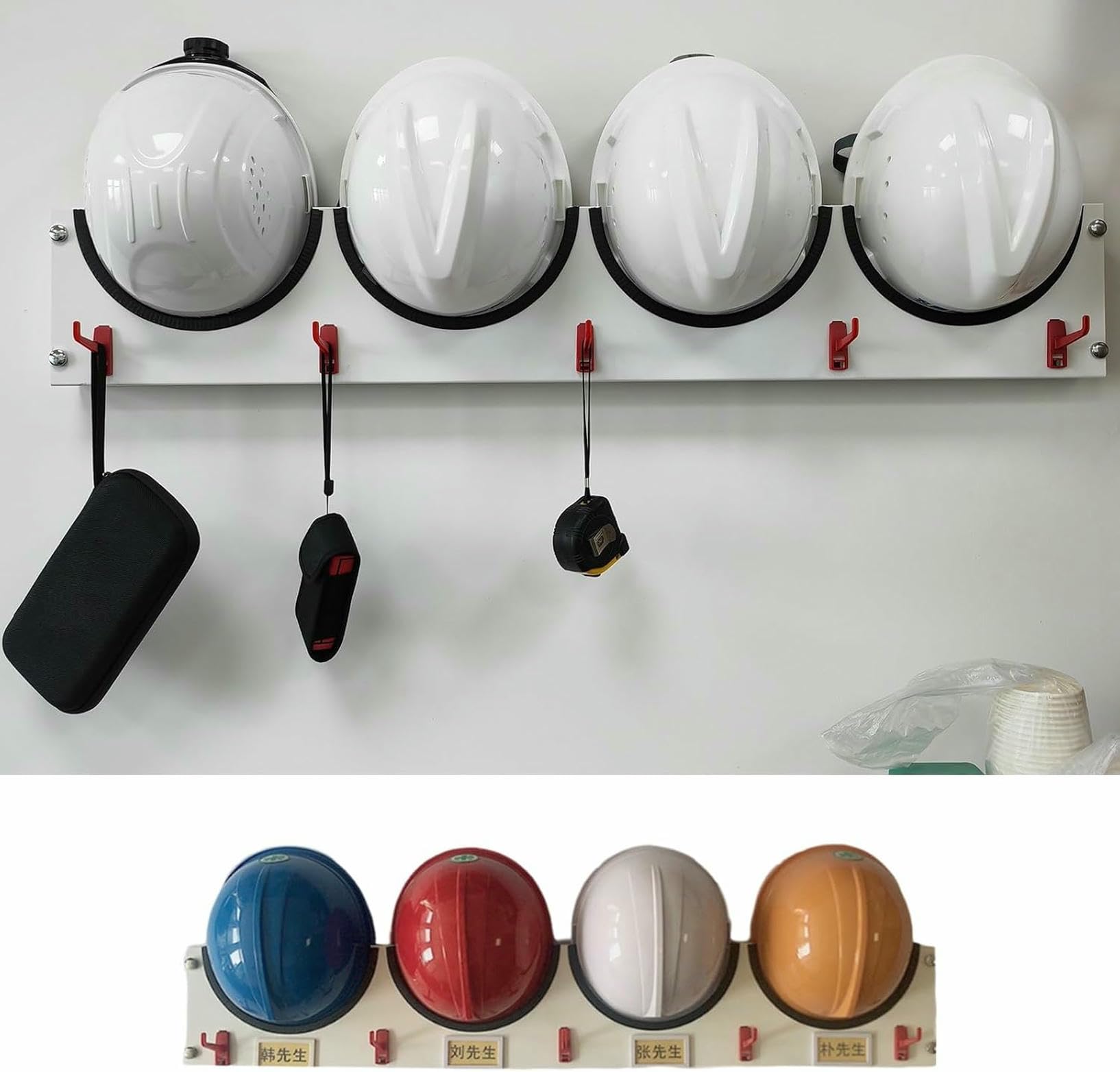 Btoiasyhf Safety Helmet Hat Organizer Hanger, Hard Hat Rack Stand With Hooks & Name Sticker For Garage/Office/Plant/Workshop, Hard Hat Placement Hanging Rack