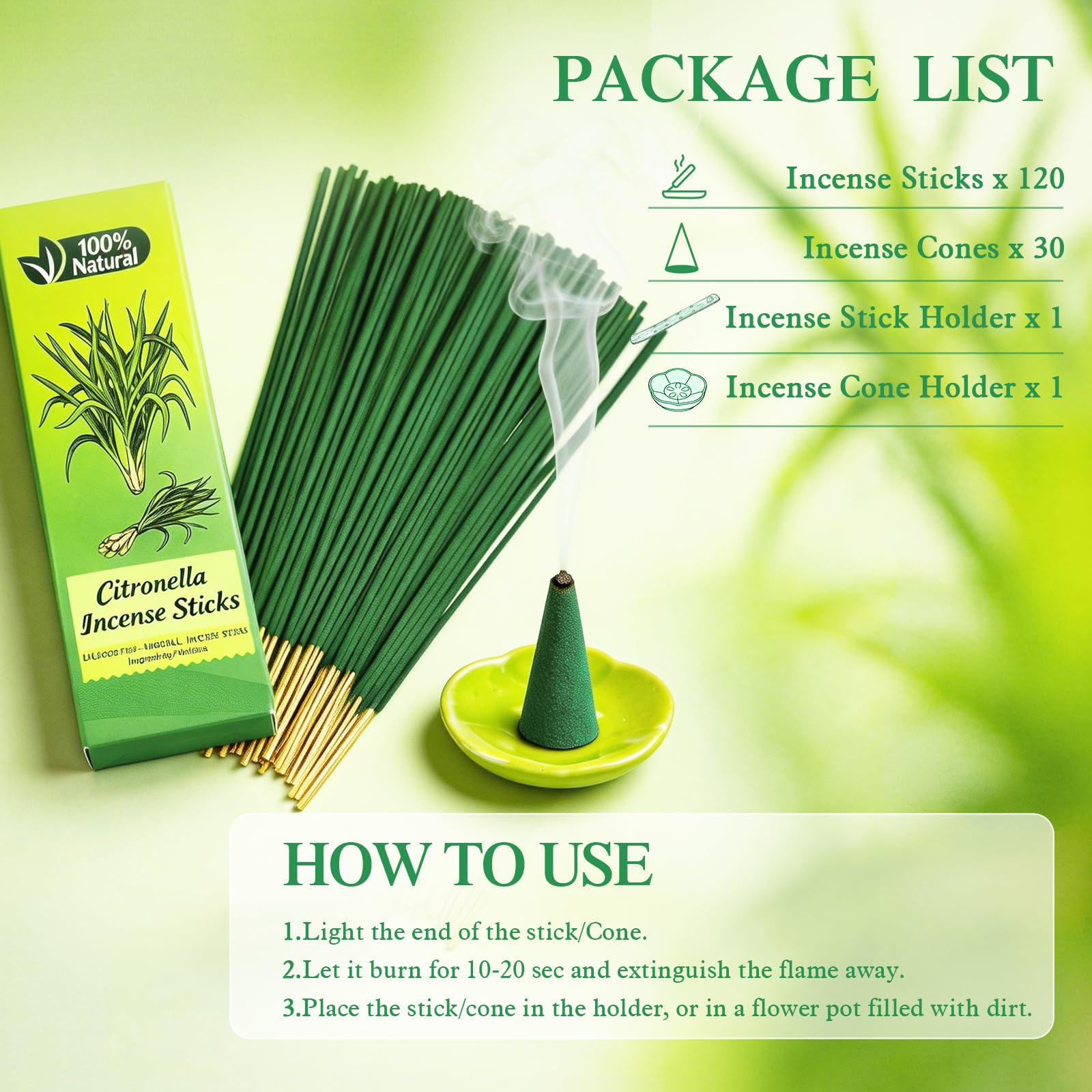 Pack de 120 Bâtonnets d'Encens à la Citronnelle + 30 Cônes avec 2 Porte-encens – Naturel pour Terrasse, Jardin