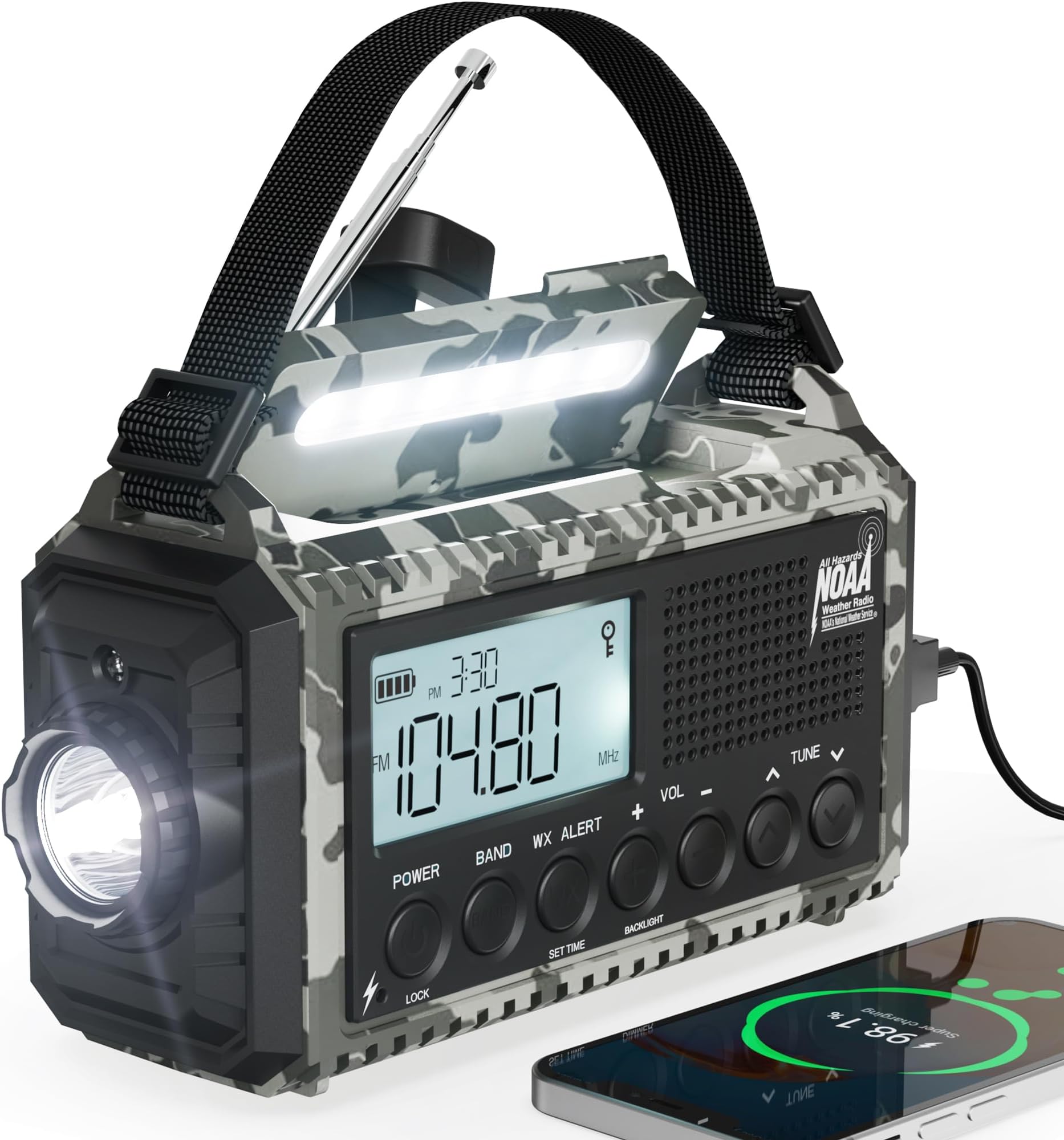 Mesqool Emergency Radio AM/FM/SW/NOAA Weather Radio, 12000 Battery Powered Rechargeable Hand Crank Solar Radio Flashlight Cell Phone Charger, SOS, Including Type-C Adapter Cord
