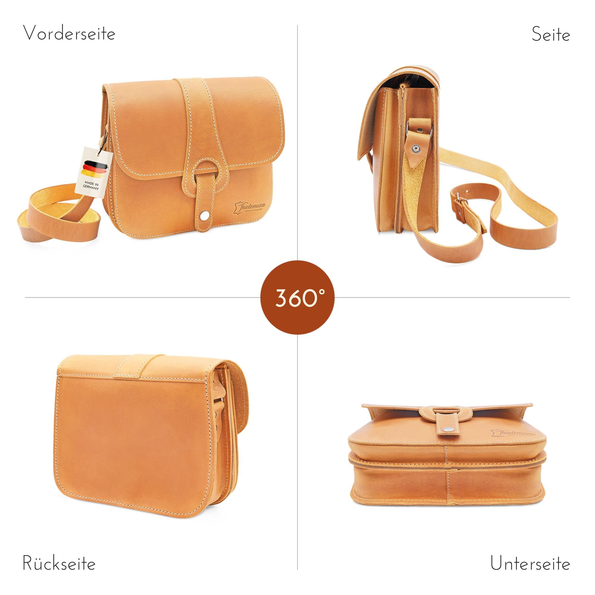 Thielemann Handtasche Damen Kapstadt Made in Germany, aus extra starkem Leder Tasche zum Umhängen, Crossbody Bag Frauen, Umhängetasche Vintage