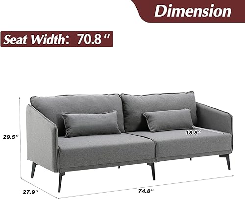 Miniatura 2 de COSVALVE Sofá moderno de 3 plazas, sofá tapizado de tela de 74 pulgadas con dos cojines, sofá para sala de estar, dormitorio, oficina, patas de