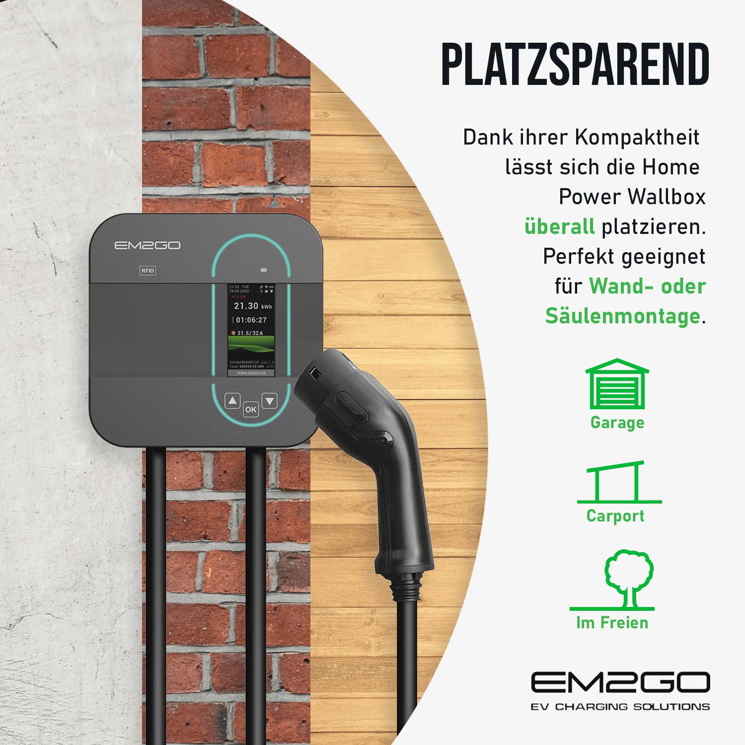 EM2GO Wallbox 11kW Home Power, E-Auto Ladestation mit 16A CEE Adapter, 6.5m E-Auto Ladekabel Wallbox mit App, Typ 2 Stecker Ladekabel Halterung