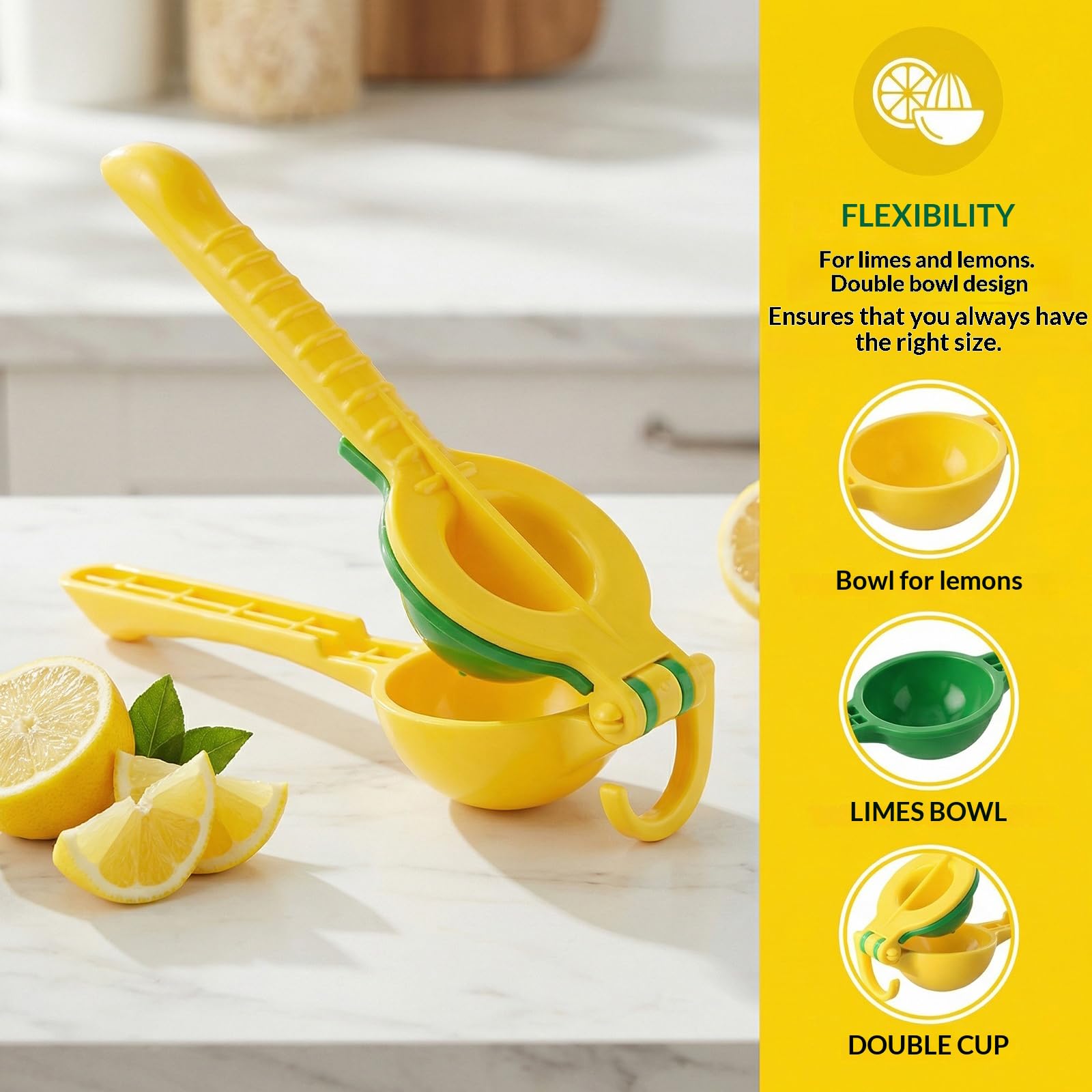 Exprimidor manual de limones 2 en 1 de plástico PP, apto para lavavajillas, con gancho para colgar, 25,5 cm