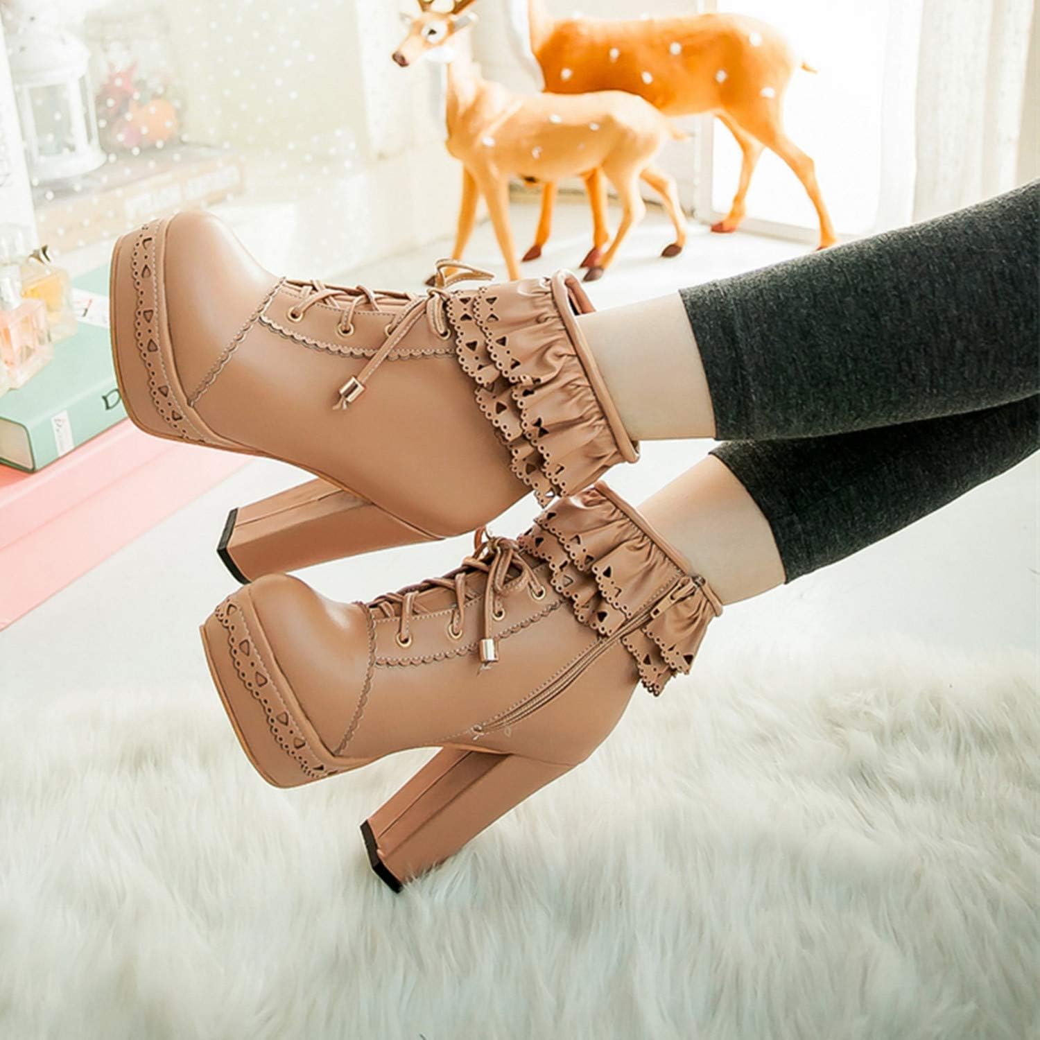 Women Fashion Chunky High Heels Platform Ankle Boots Lace Up Sweet Lolita Ruffle Short Booties