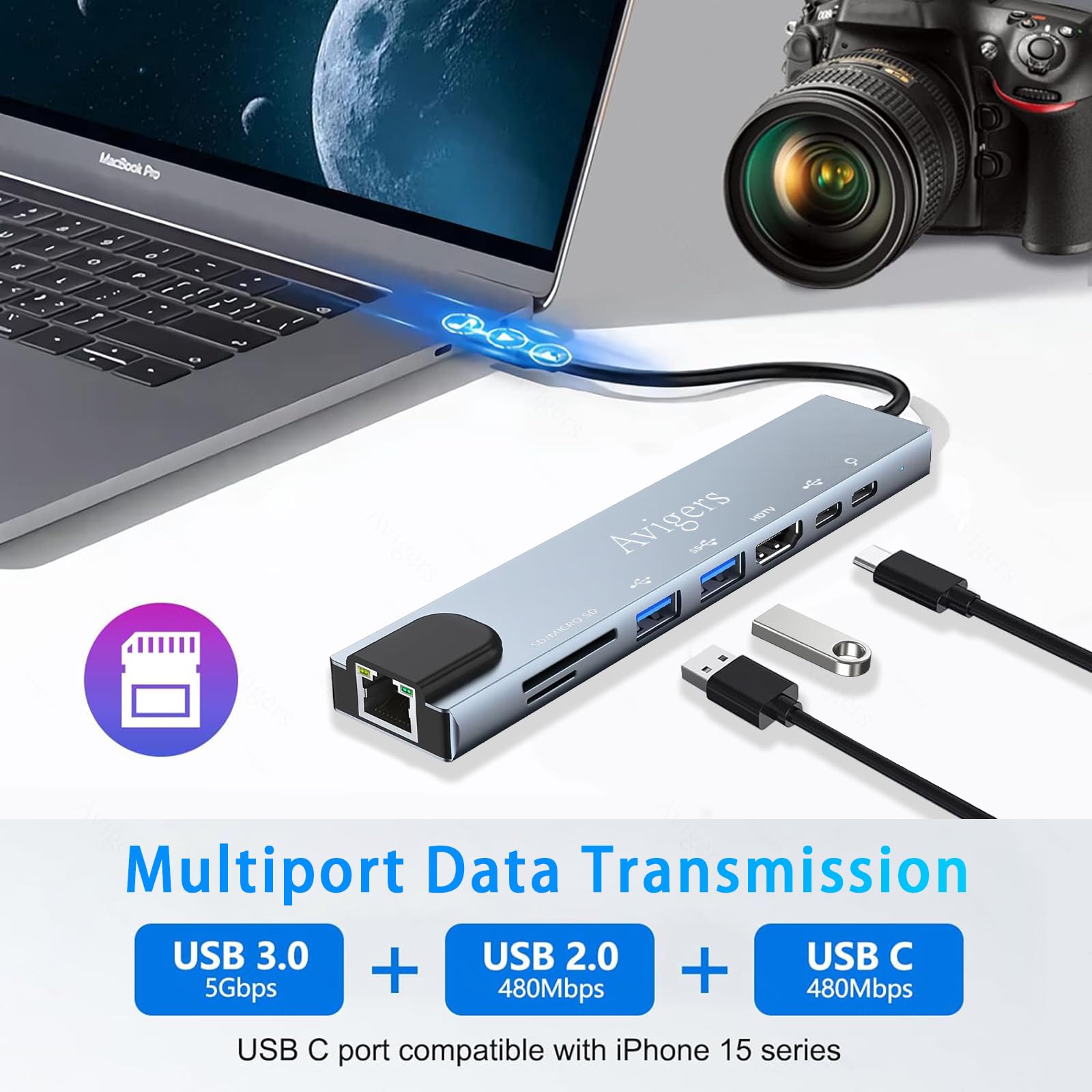 Hub USB C, Adattatore Usb C 8 in 1 con HDMI 4K, Ethernet RJ45, Lettore Schede SD/TF, PD 100W, USB 3.0, Usb 2.1, Compatibile per Computer/MacBook Pro Air/iPad/Surface/Samsung/Steam Deck