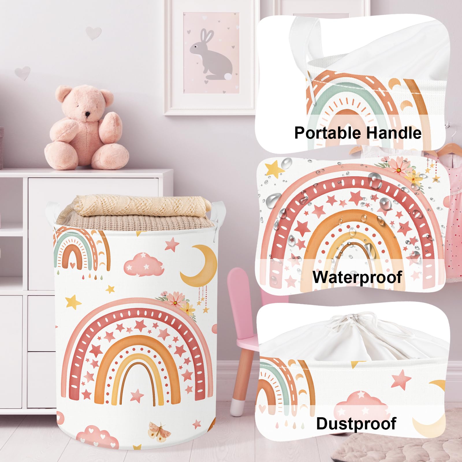 Clastyle Rainbow Baby Laundry Hamper Folding Clothes Kids Storage Basket Waterproof Girls Toy Box for Bedroom Moon, 36x45 cm - Image 4