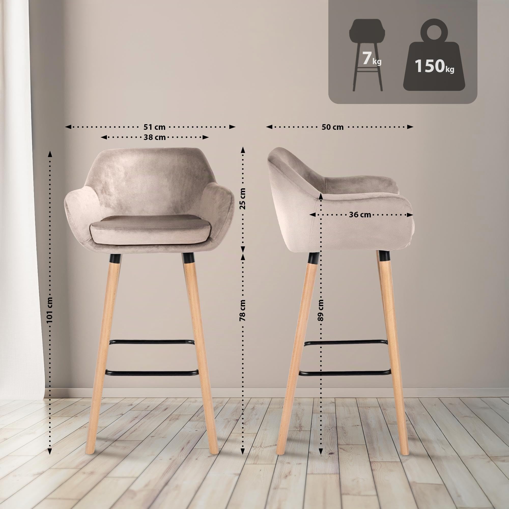 CLP Set de 2 taburetes Acolchados con Respaldo Grant, Taburete de Bar con Cubierta de Terciopelo, Estructura de Madera hasta 150 kg de Carga Color Crema