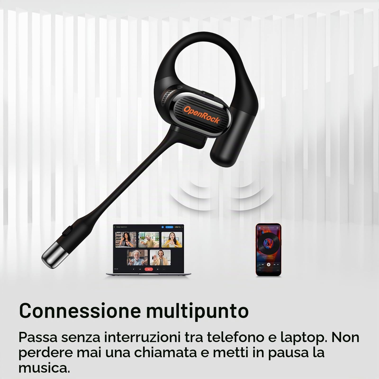 Link 20 Cuffe Bluetooth Aperto Ear con Microfono Boom Rimovibile 5 Mik Cancellazione del Rumore durante le Chiamate, Batteria 52 Ore Impemeabile lPX7, Cufne Senza Fili per Lavoro, Call