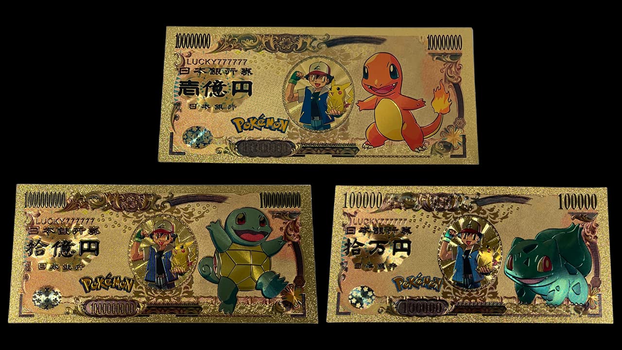 Pokemon Charmander, Bulbasaur, and Squirtle Original Starters Gold Foil Embossed Stamped banknote