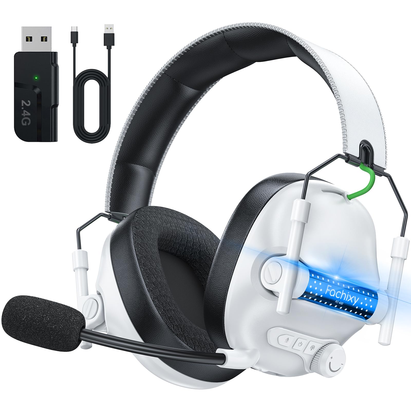 FC400 Wireless Gaming Headset, 2.4GHz Gaming Kopfhörer Kabellos mit Mikrofon für PS5, PS4, PC, Switch, Bluetooth 5.4 Gaming Headset, Geringe Latenz Noise Cancelling, mit LED Licht, 50H Akkulaufzeit