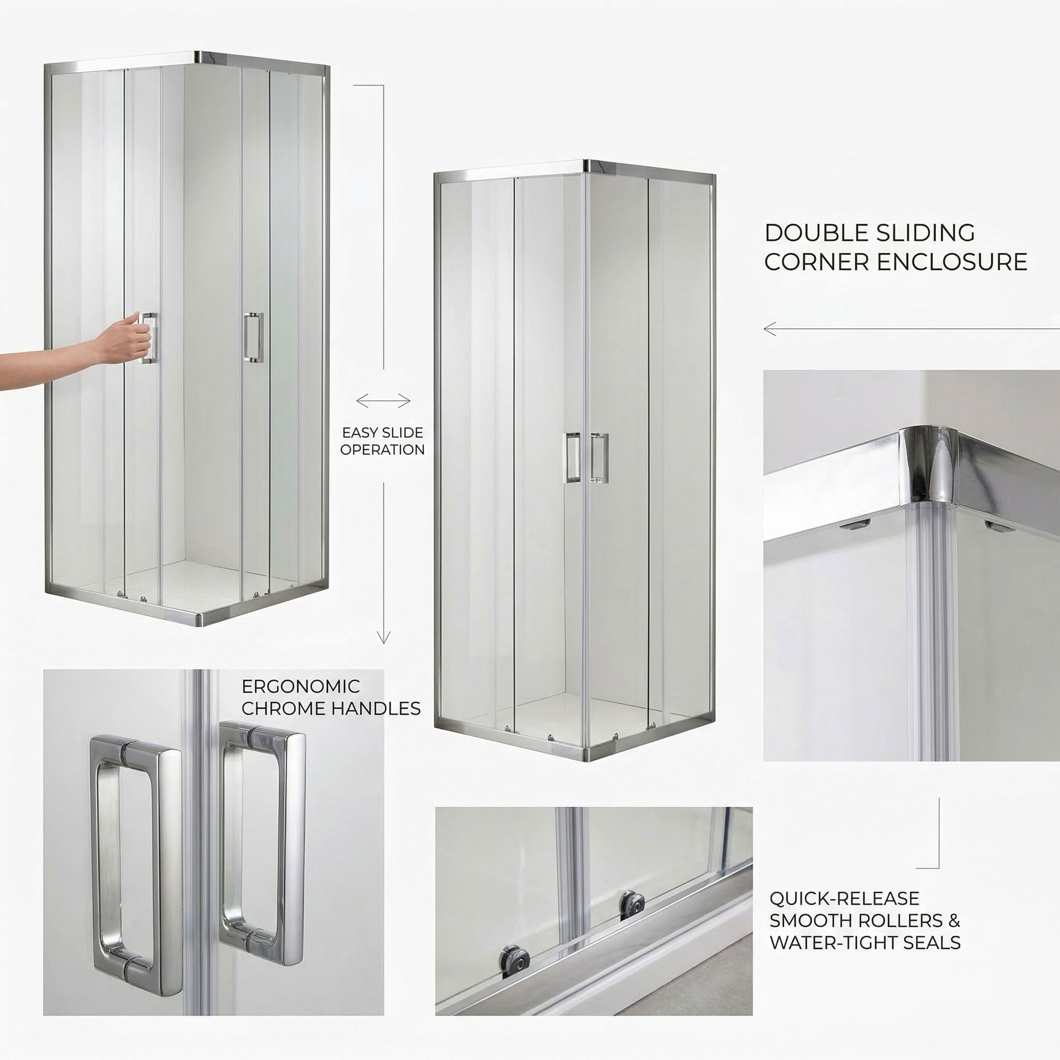 DocciaSì® - Box Doccia Angolare 80x80 cm con Vetro Temperato 5 mm, Altezza 185 cm, 2 Ante Fisse e 2 Scorrevoli, Profili in Alluminio Cromo Lucido, Design Moderno e Salvaspazio