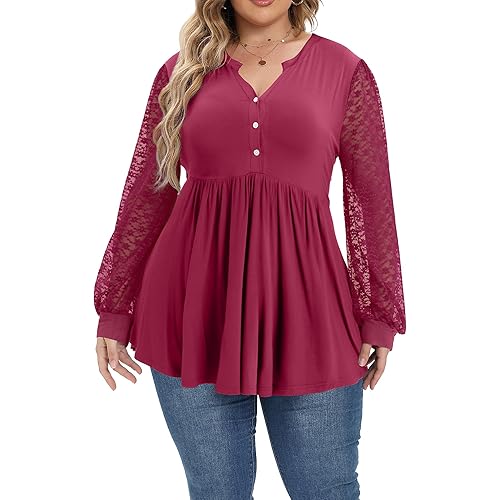 ALLEGRACE Women's Plus Size Henley V Neck Button Tunic Tops Long sleeve Swing Flowy Shirts