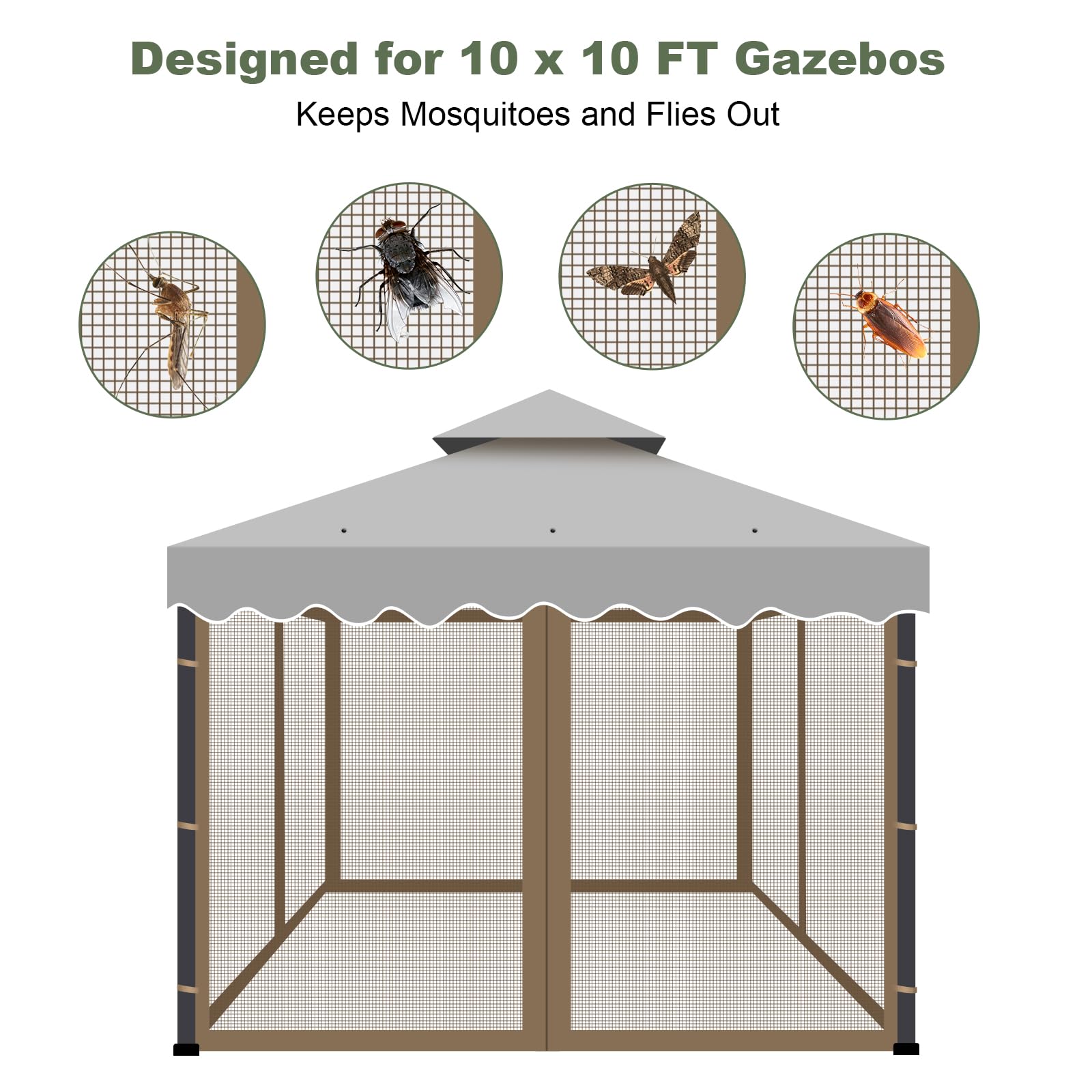 Mosquitera para Carpa de 3 x 3 m, Protección contra Insectos con 4 Paredes Laterales y Doble Cremallera, Apto para Cenador de Jardín, Terraza, Camping, Caqui
